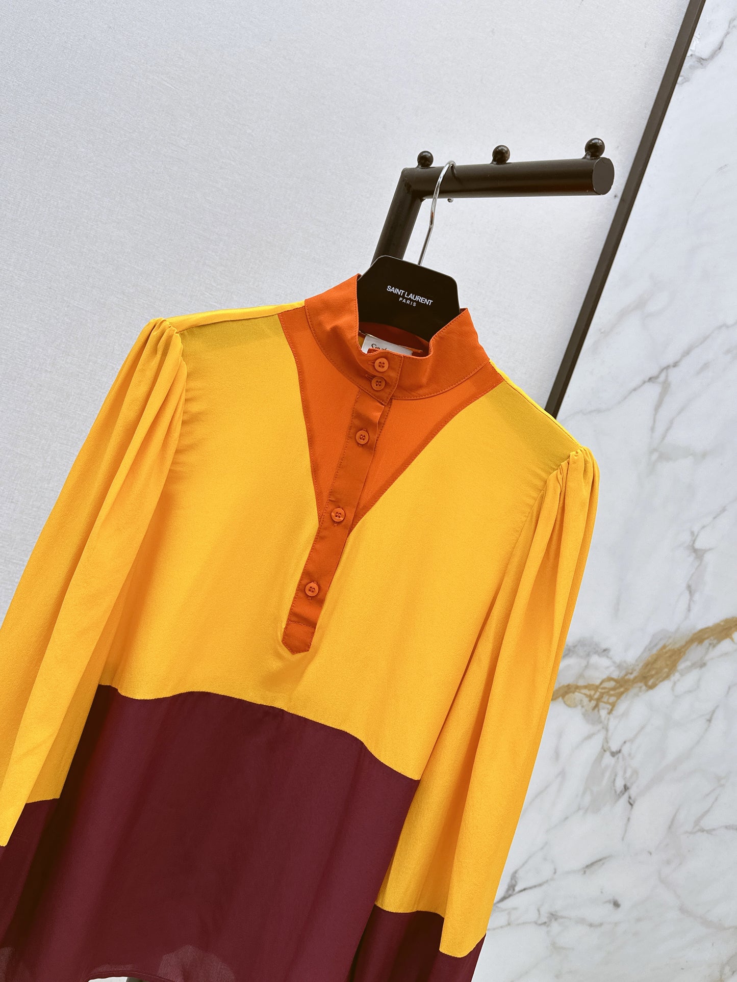 🔥Highest Quality🔥26SS NEW catwalk style 🖤Heavy silk crepe de chine patchwork small stand collar shirt