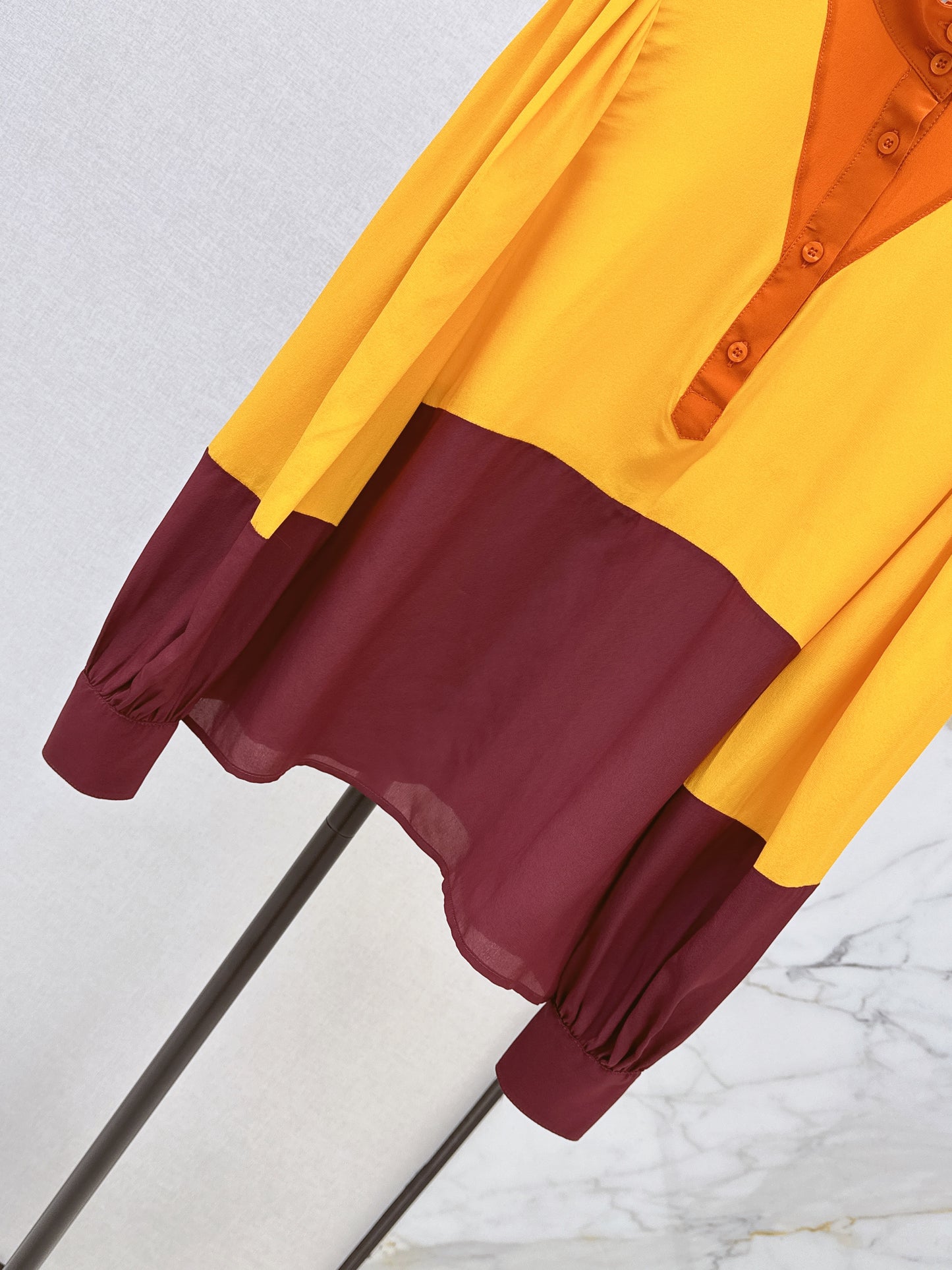 🔥Highest Quality🔥26SS NEW catwalk style 🖤Heavy silk crepe de chine patchwork small stand collar shirt