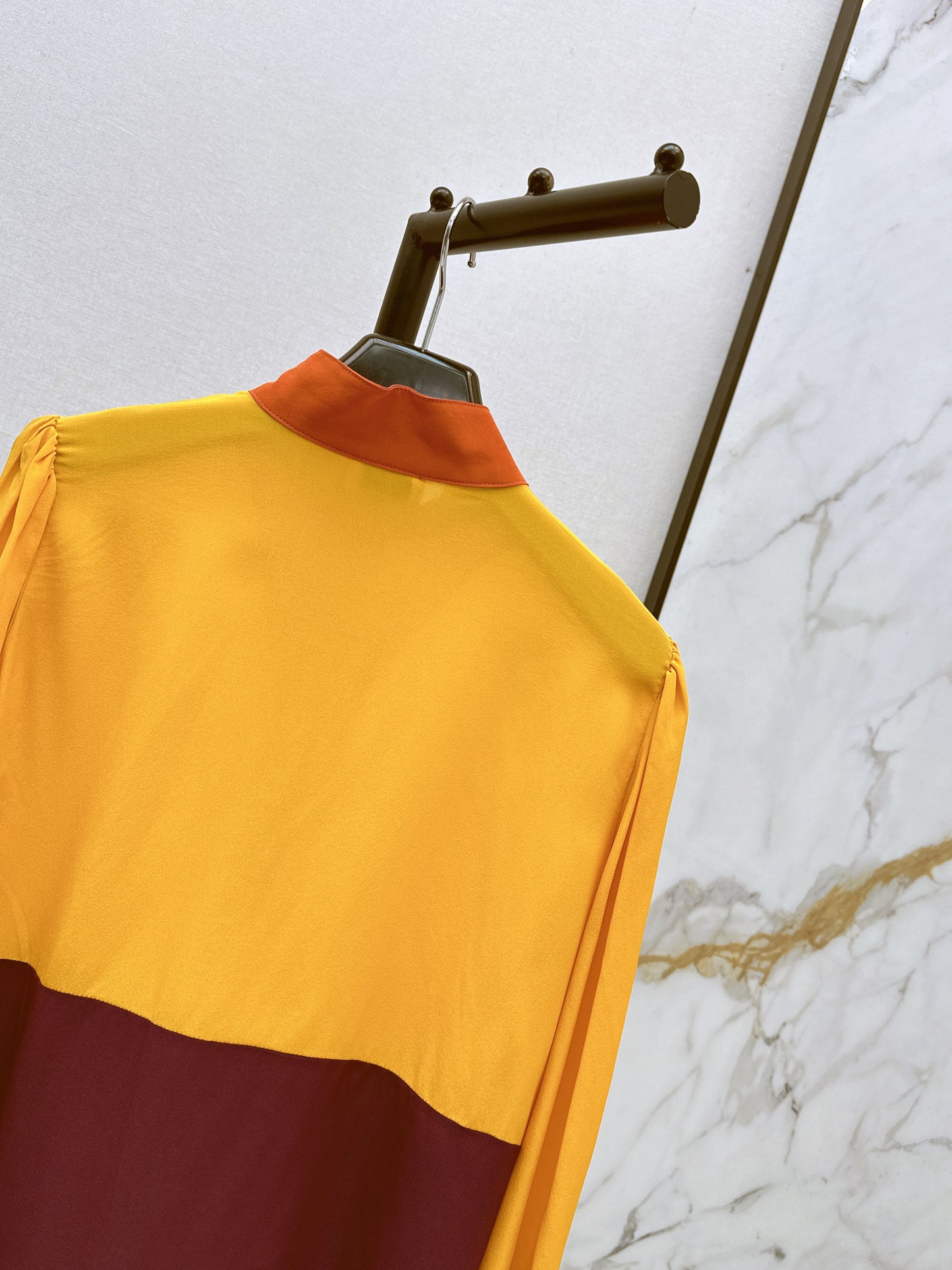 🔥Highest Quality🔥26SS NEW catwalk style 🖤Heavy silk crepe de chine patchwork small stand collar shirt
