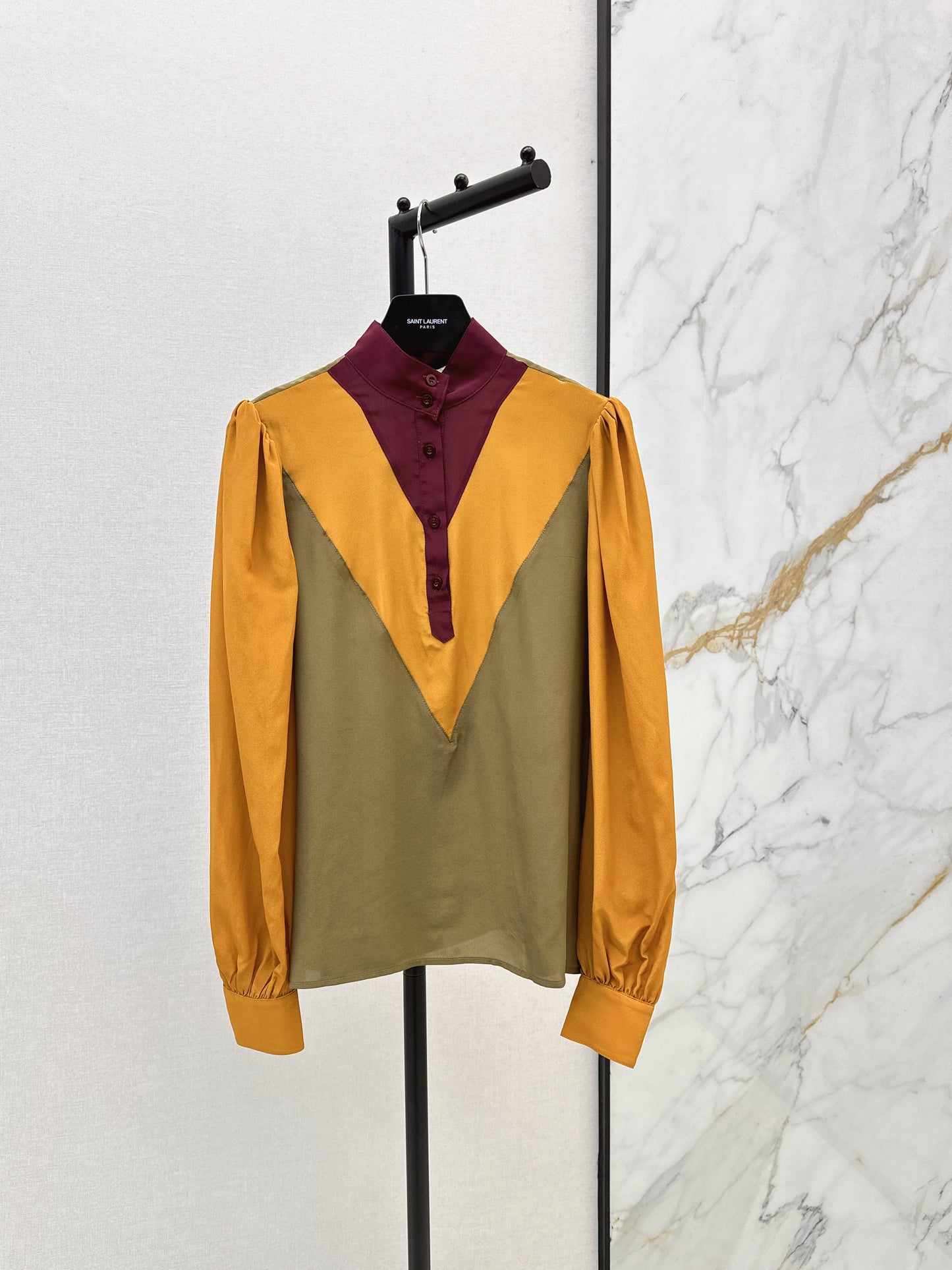 🔥Highest Quality🔥26SS NEW catwalk style 🖤Heavy silk crepe de chine patchwork small stand collar shirt
