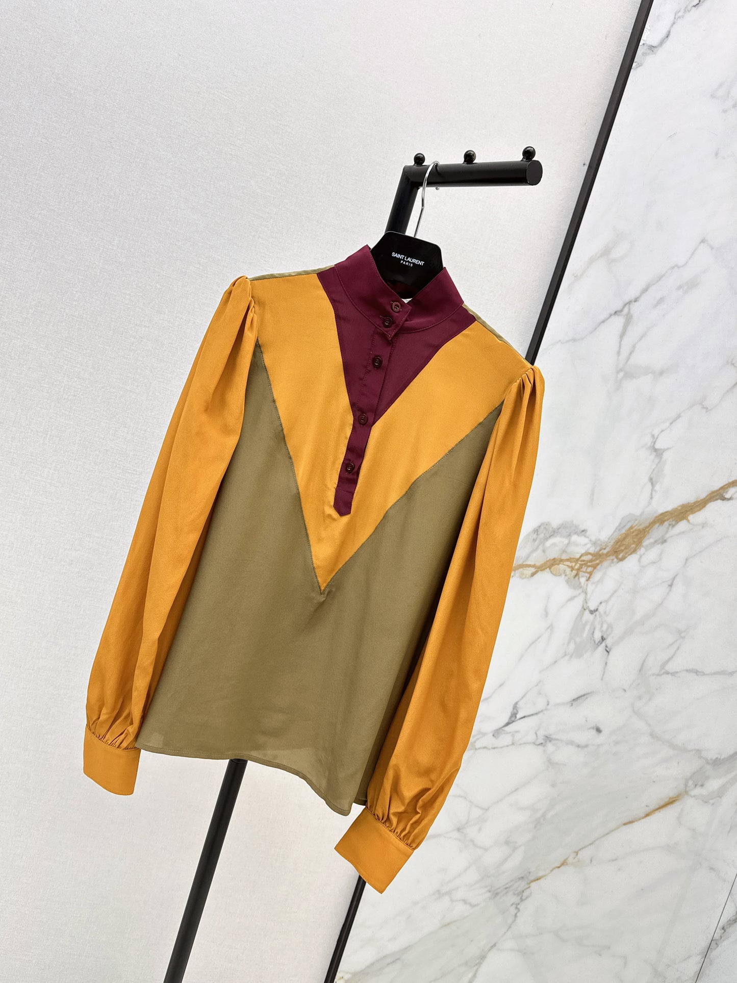 🔥Highest Quality🔥26SS NEW catwalk style 🖤Heavy silk crepe de chine patchwork small stand collar shirt