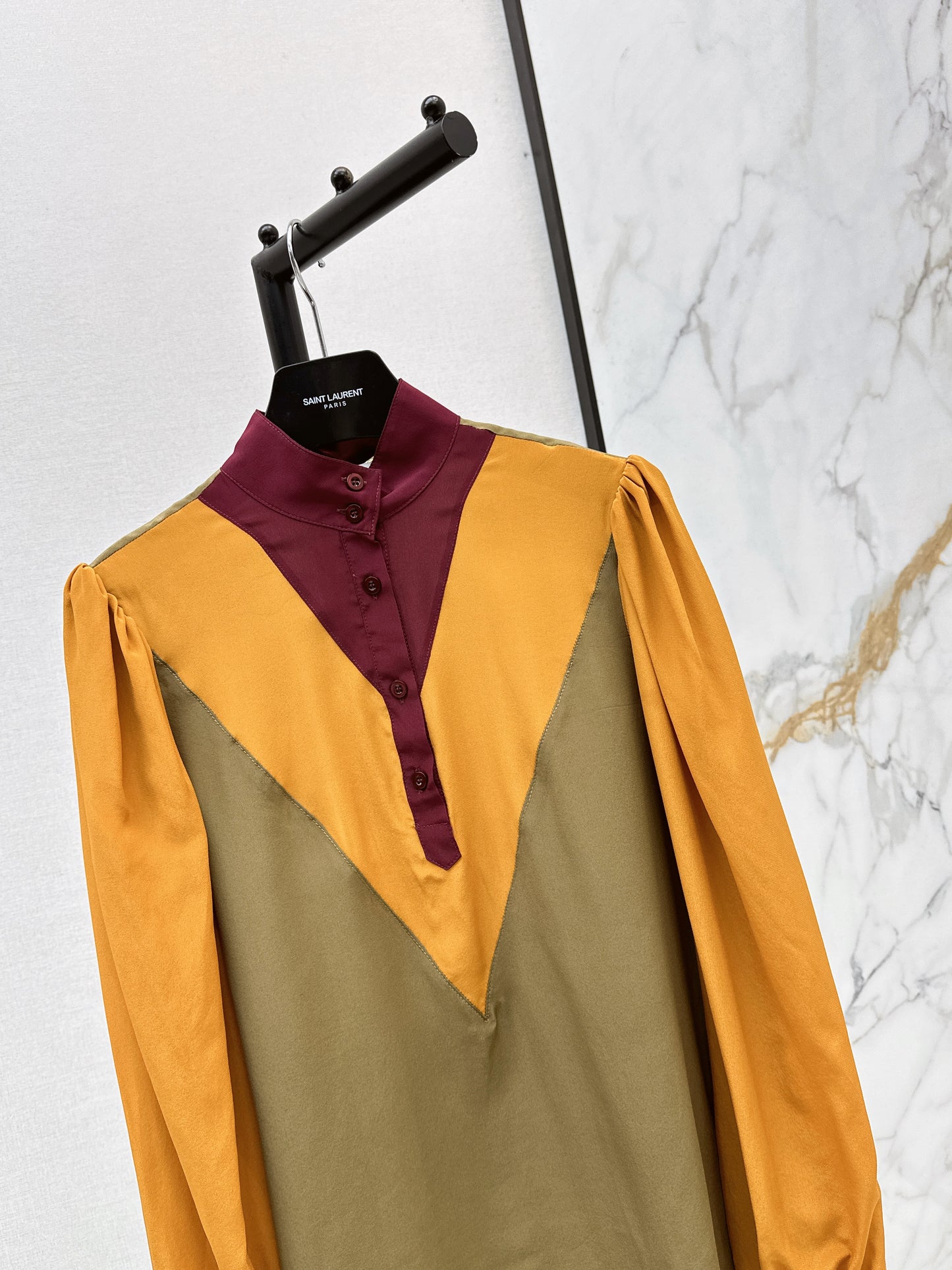 🔥Highest Quality🔥26SS NEW catwalk style 🖤Heavy silk crepe de chine patchwork small stand collar shirt