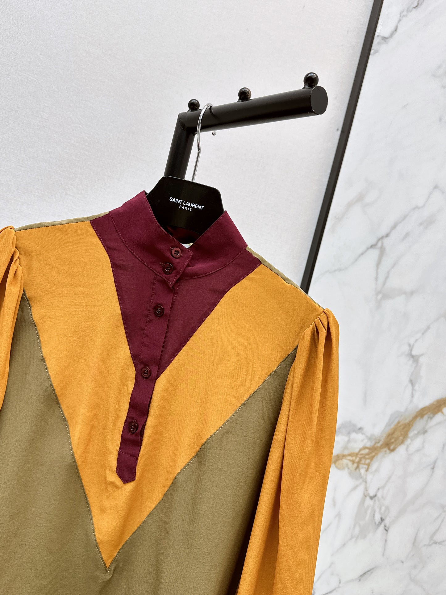 🔥Highest Quality🔥26SS NEW catwalk style 🖤Heavy silk crepe de chine patchwork small stand collar shirt