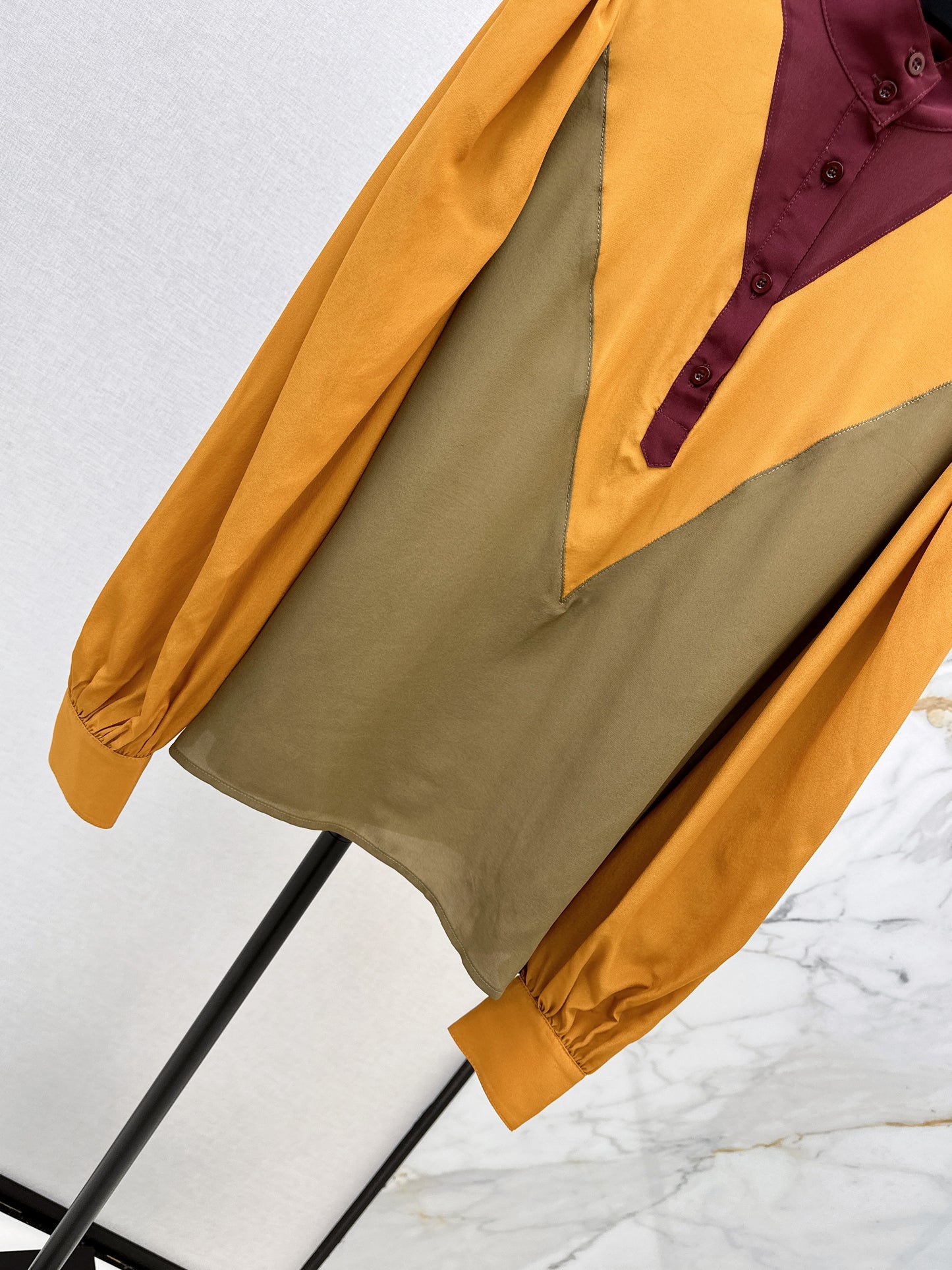 🔥Highest Quality🔥26SS NEW catwalk style 🖤Heavy silk crepe de chine patchwork small stand collar shirt