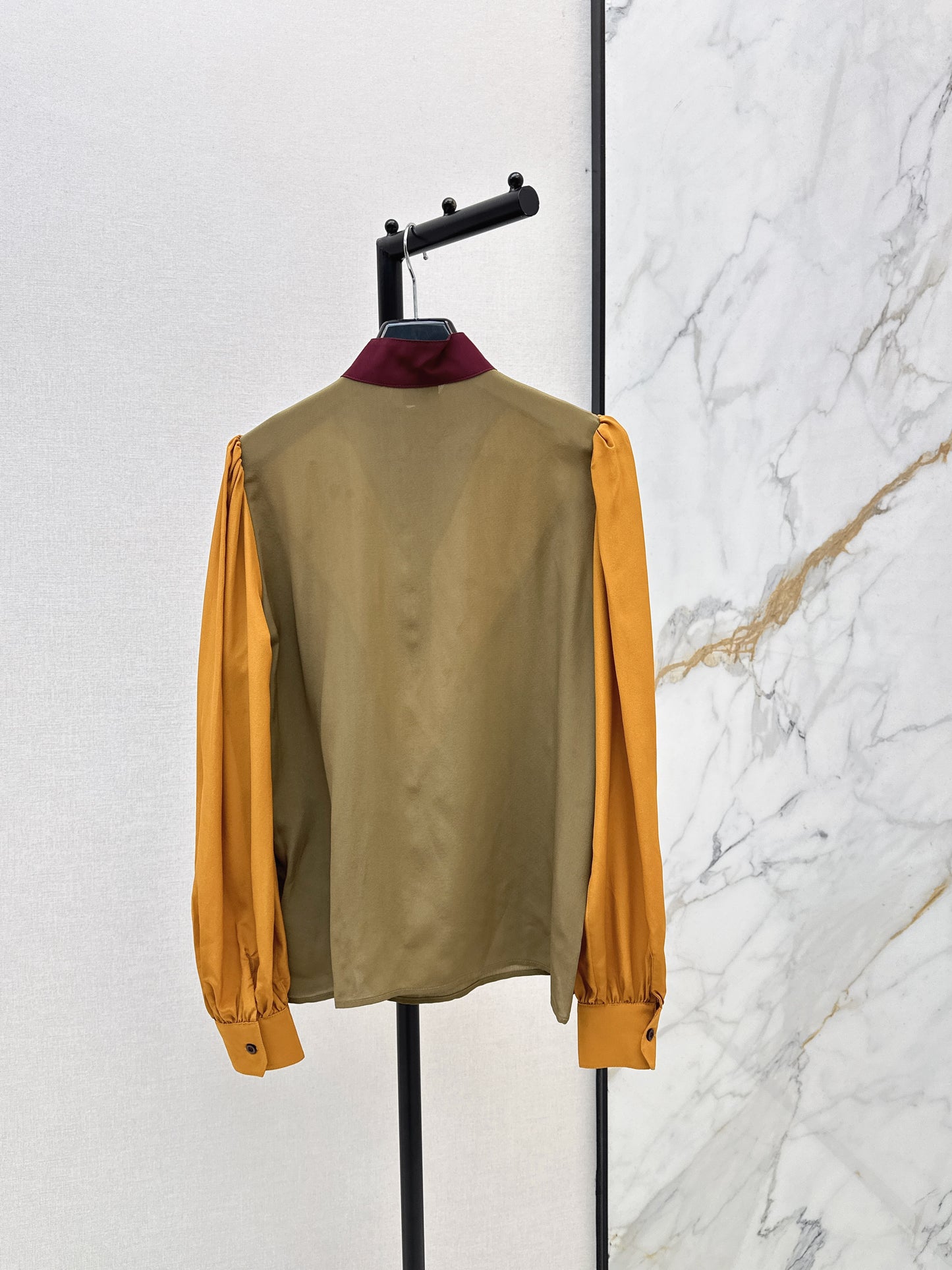 🔥Highest Quality🔥26SS NEW catwalk style 🖤Heavy silk crepe de chine patchwork small stand collar shirt