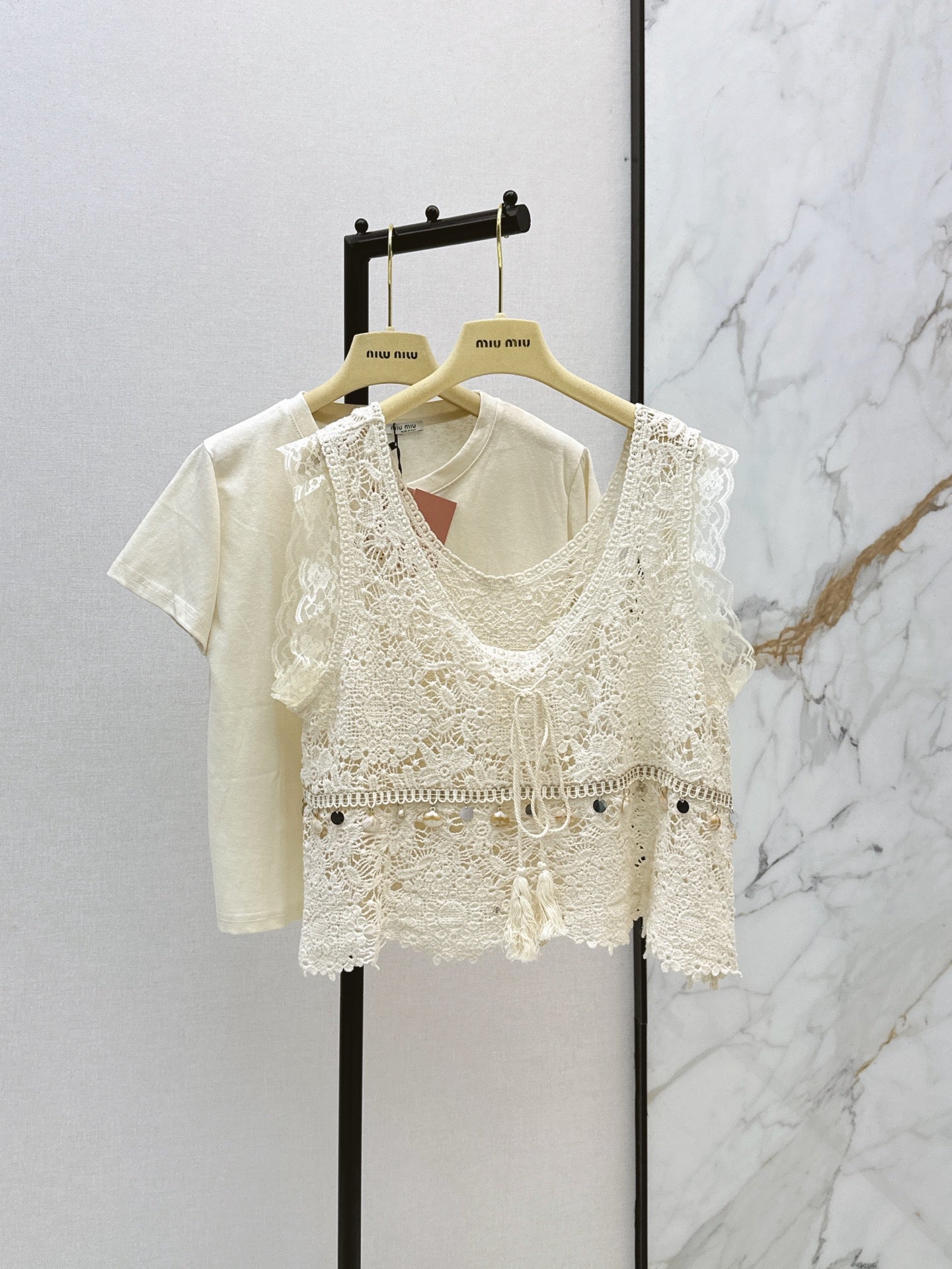 26SS NEW Bohemian style crochet vest two-piece set