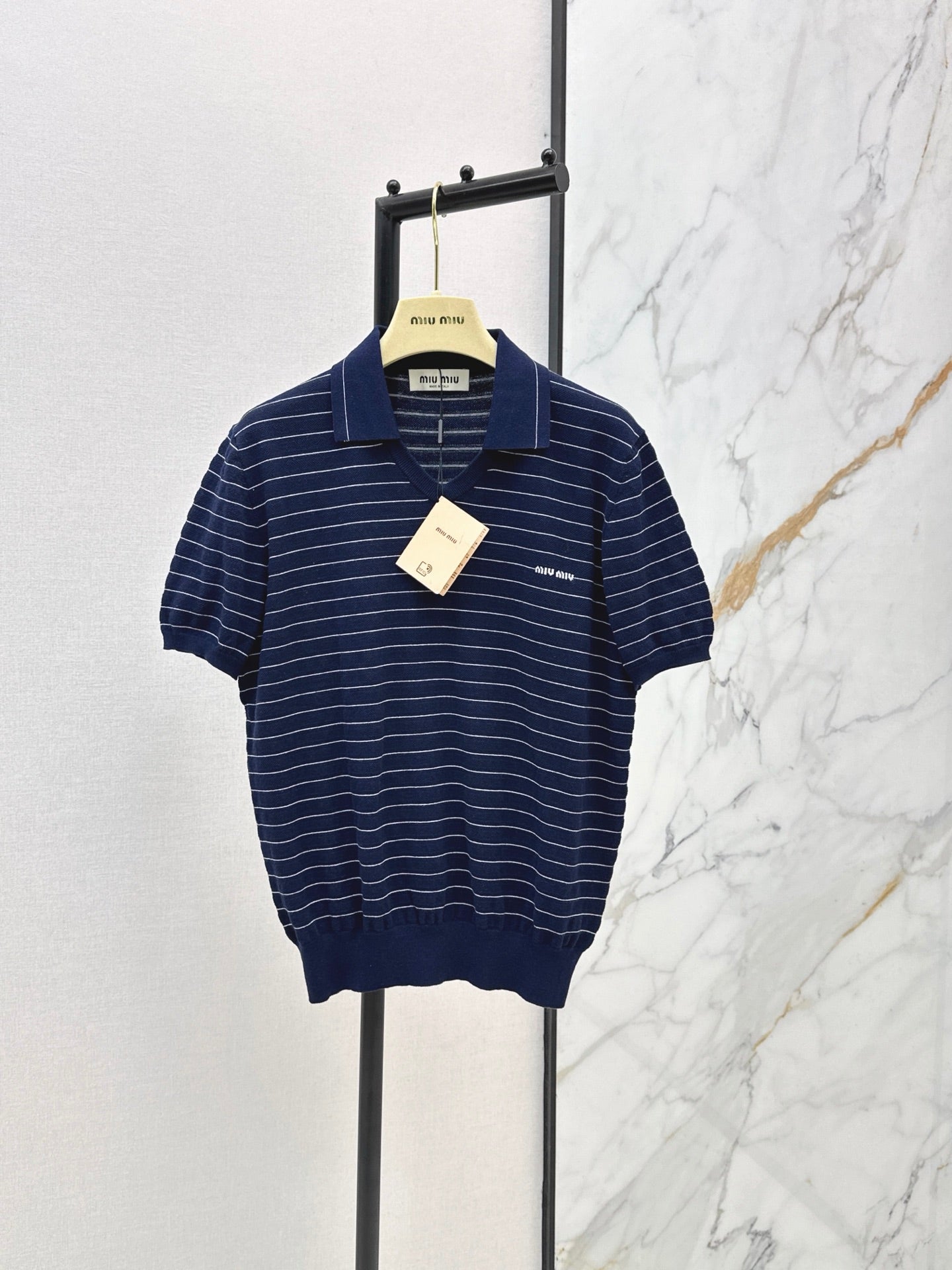 26SS NEW Summer navy blue striped Polo short sleeved sweater