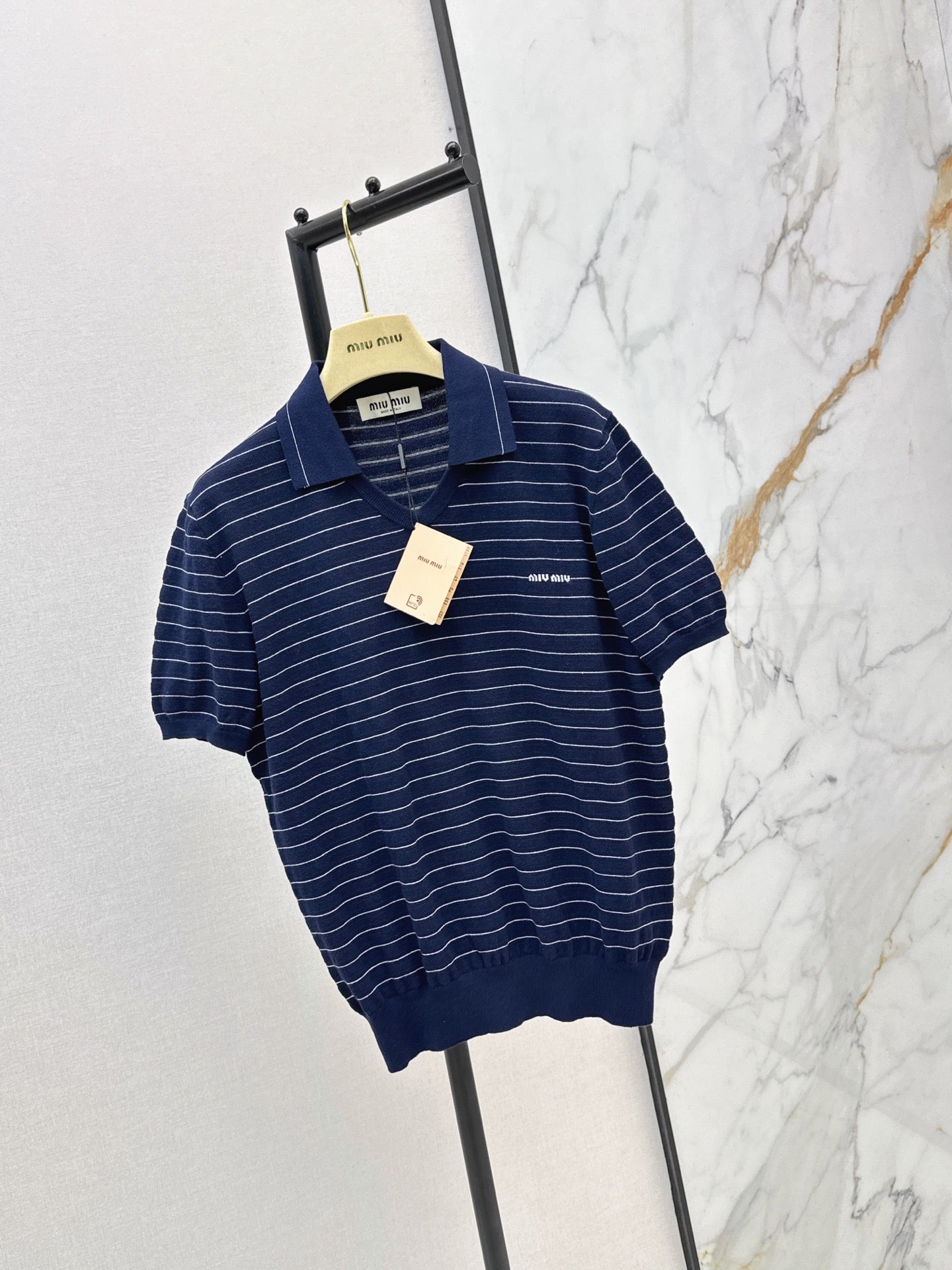 26SS NEW Summer navy blue striped Polo short sleeved sweater