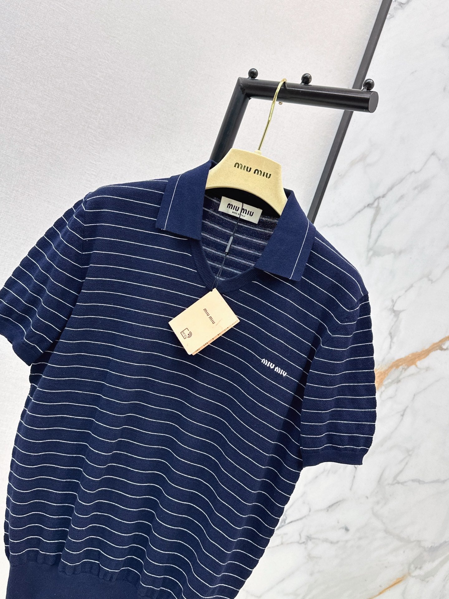 26SS NEW Summer navy blue striped Polo short sleeved sweater