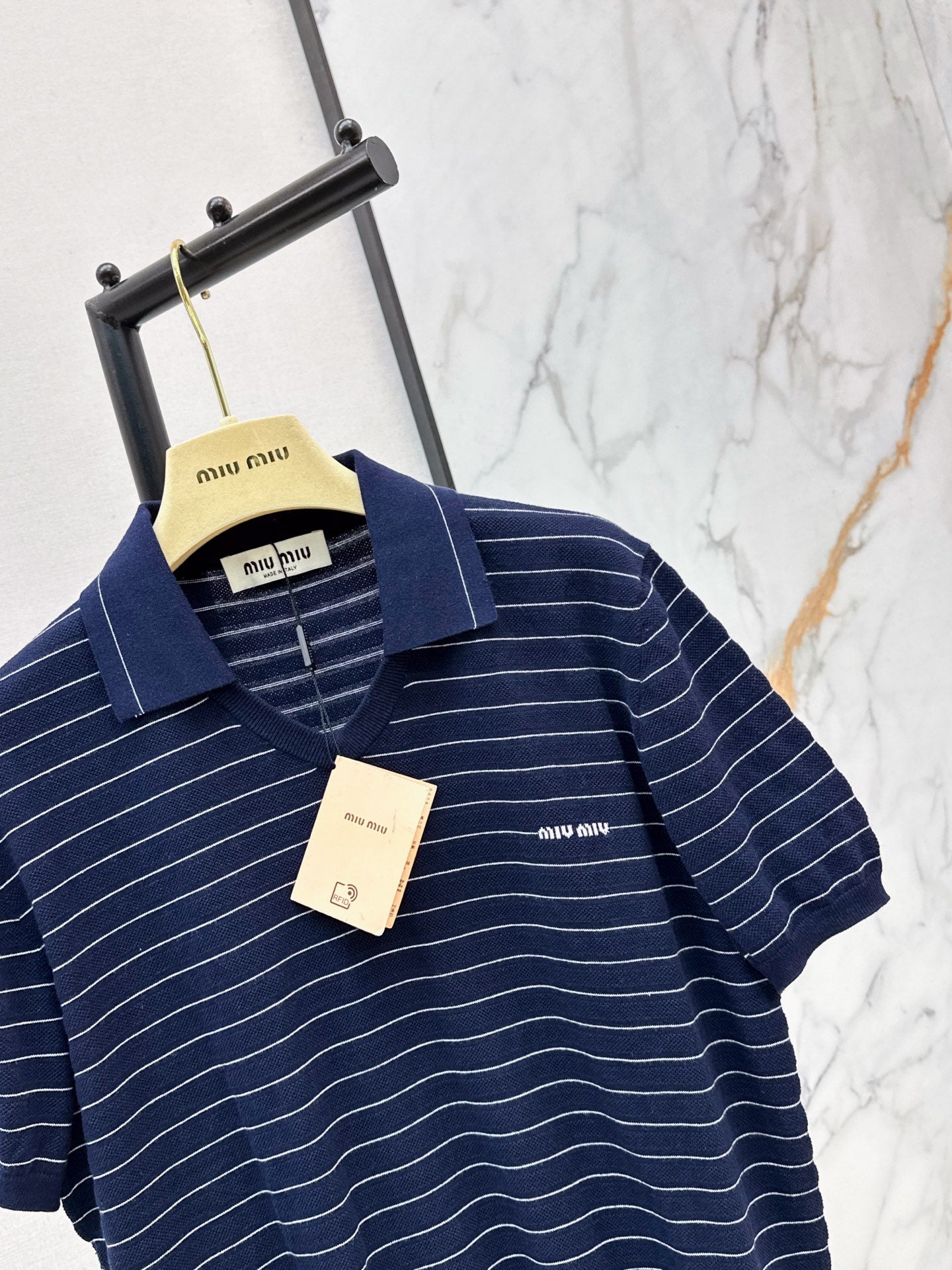 26SS NEW Summer navy blue striped Polo short sleeved sweater