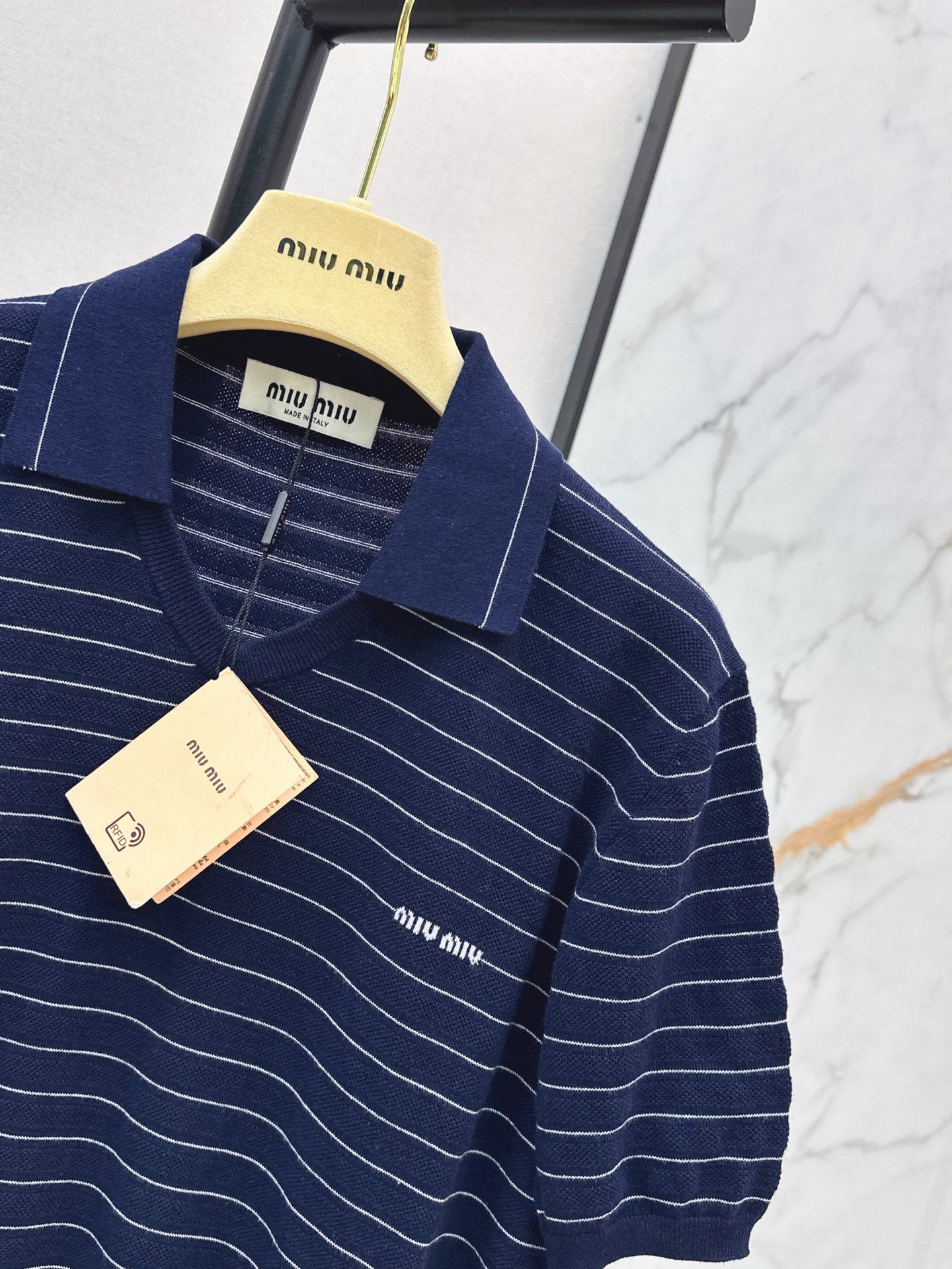 26SS NEW Summer navy blue striped Polo short sleeved sweater