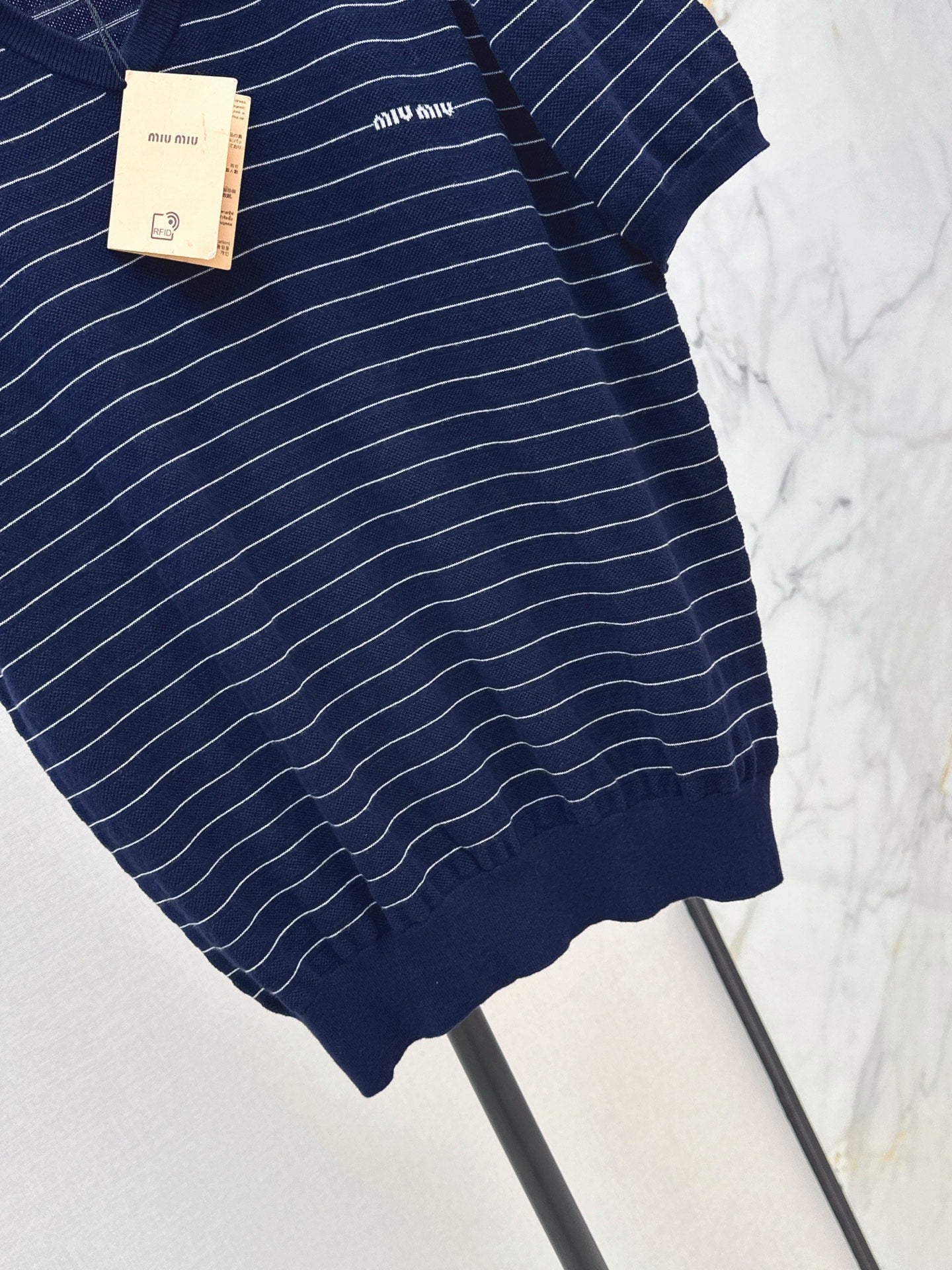 26SS NEW Summer navy blue striped Polo short sleeved sweater