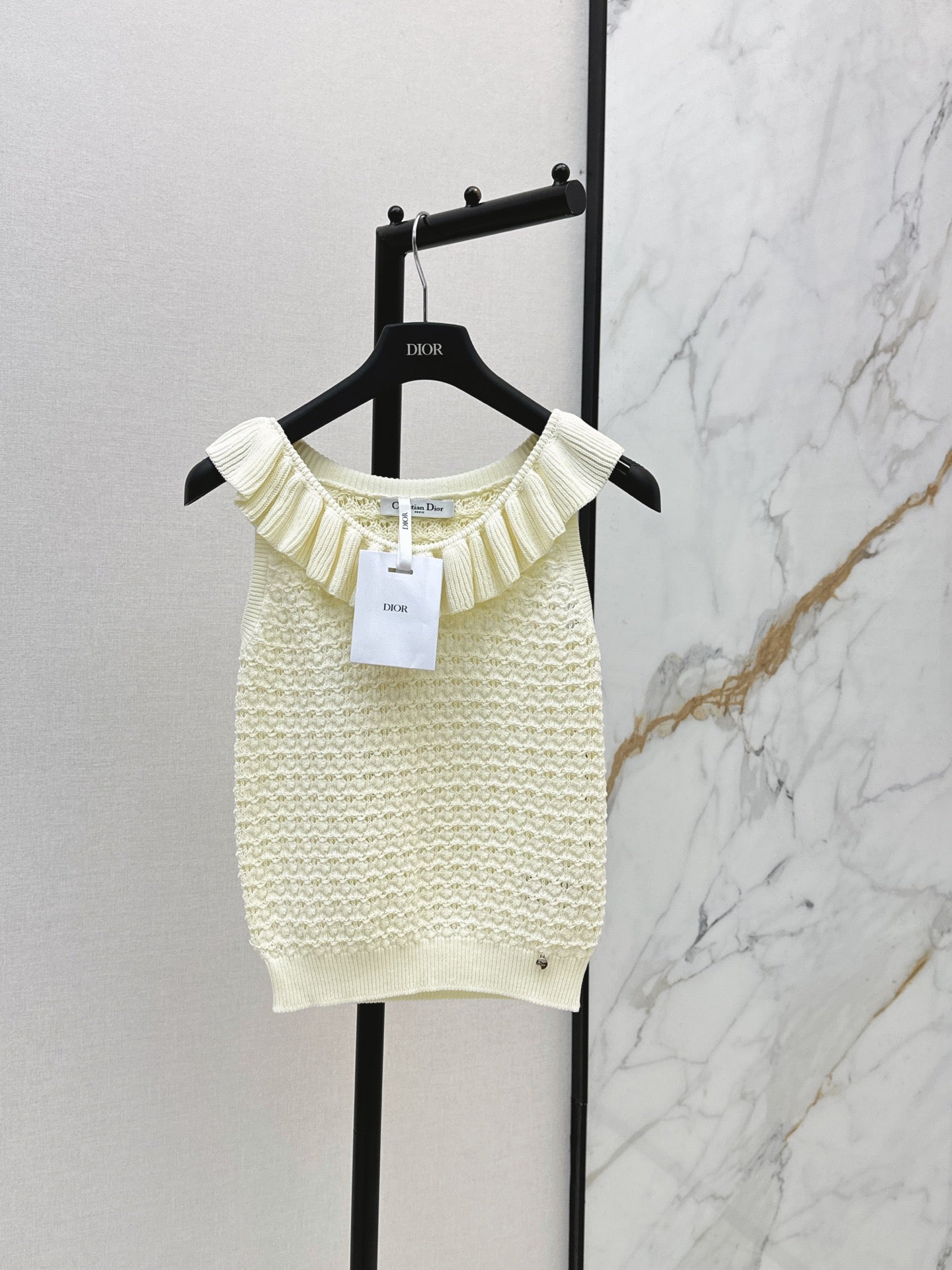 26SS NEW Ruffled Collar Openwork Crochet Vest