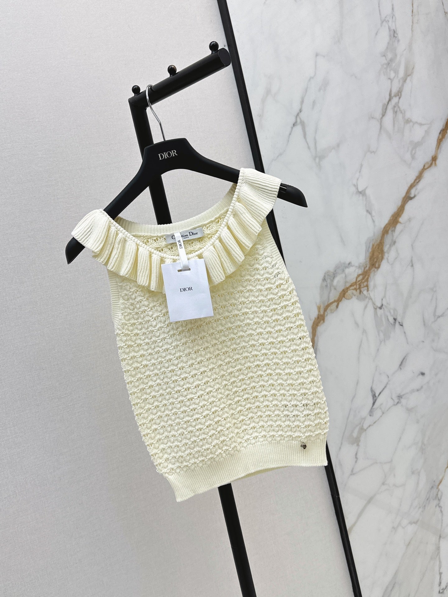 26SS NEW Ruffled Collar Openwork Crochet Vest