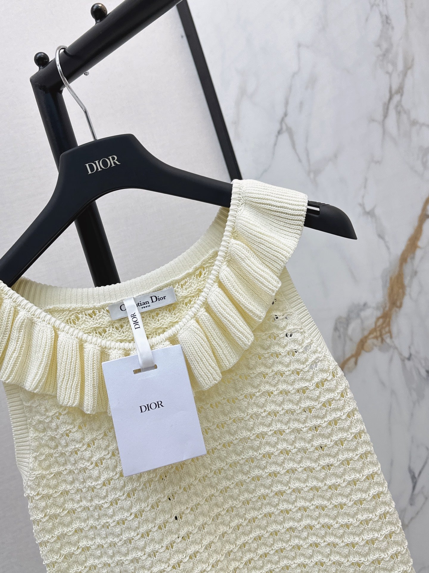 26SS NEW Ruffled Collar Openwork Crochet Vest