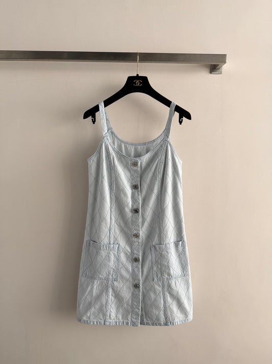 🔥Highest Quality🔥26SS NEW Beach Collection Light Blue Diamond Pattern Denim Suspender Dress
