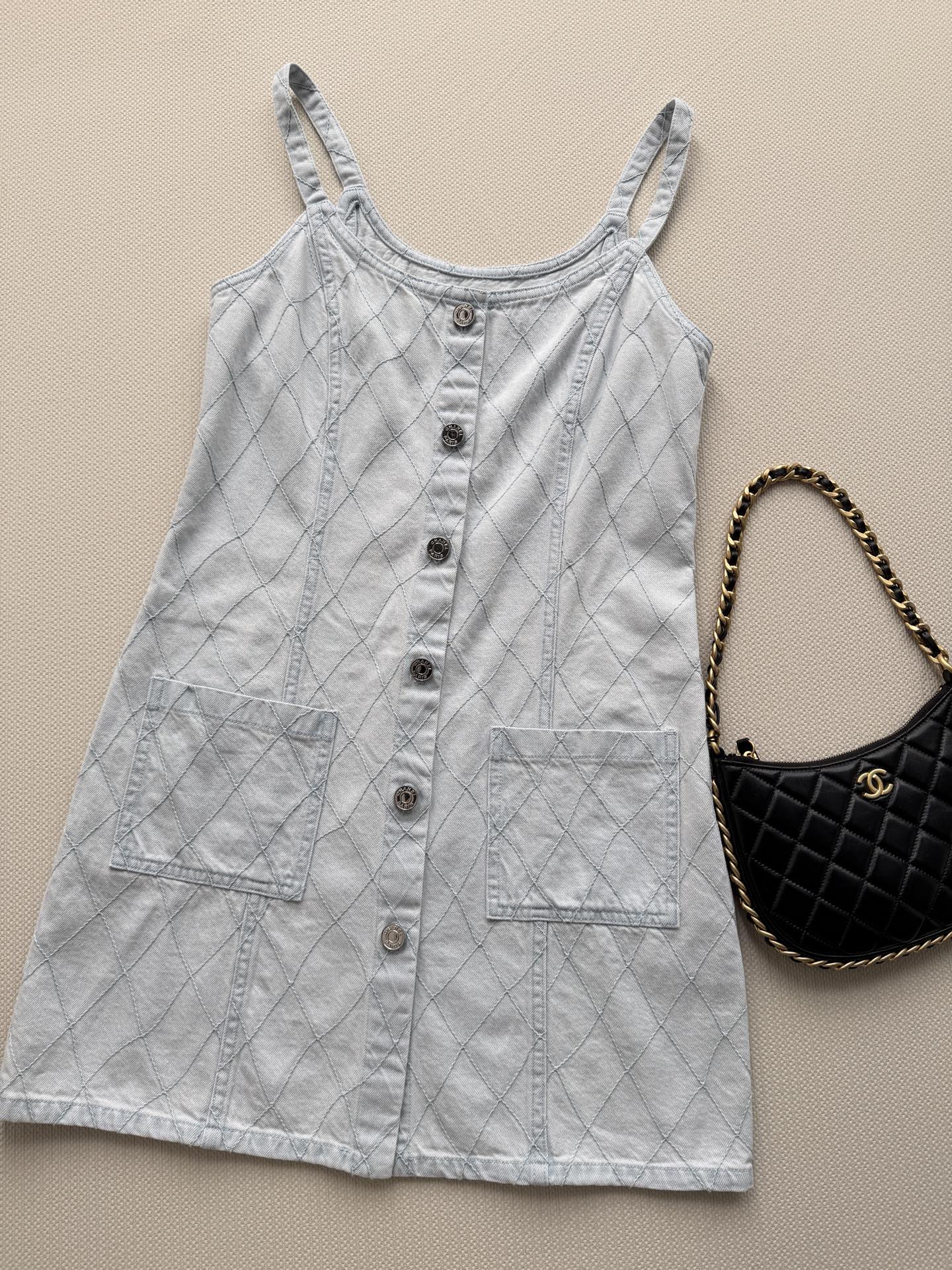 🔥Highest Quality🔥26SS NEW Beach Collection Light Blue Diamond Pattern Denim Suspender Dress