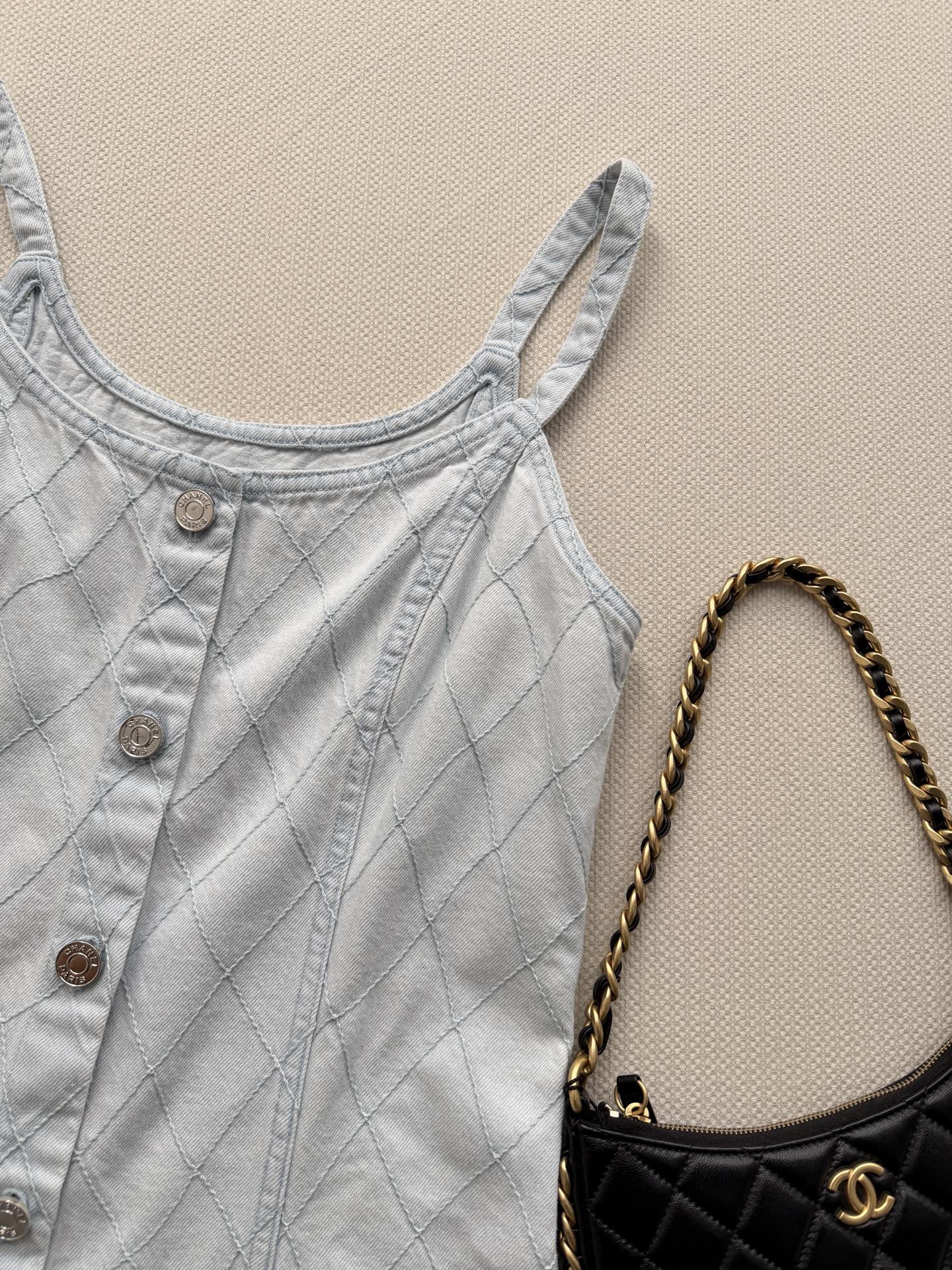 🔥Highest Quality🔥26SS NEW Beach Collection Light Blue Diamond Pattern Denim Suspender Dress