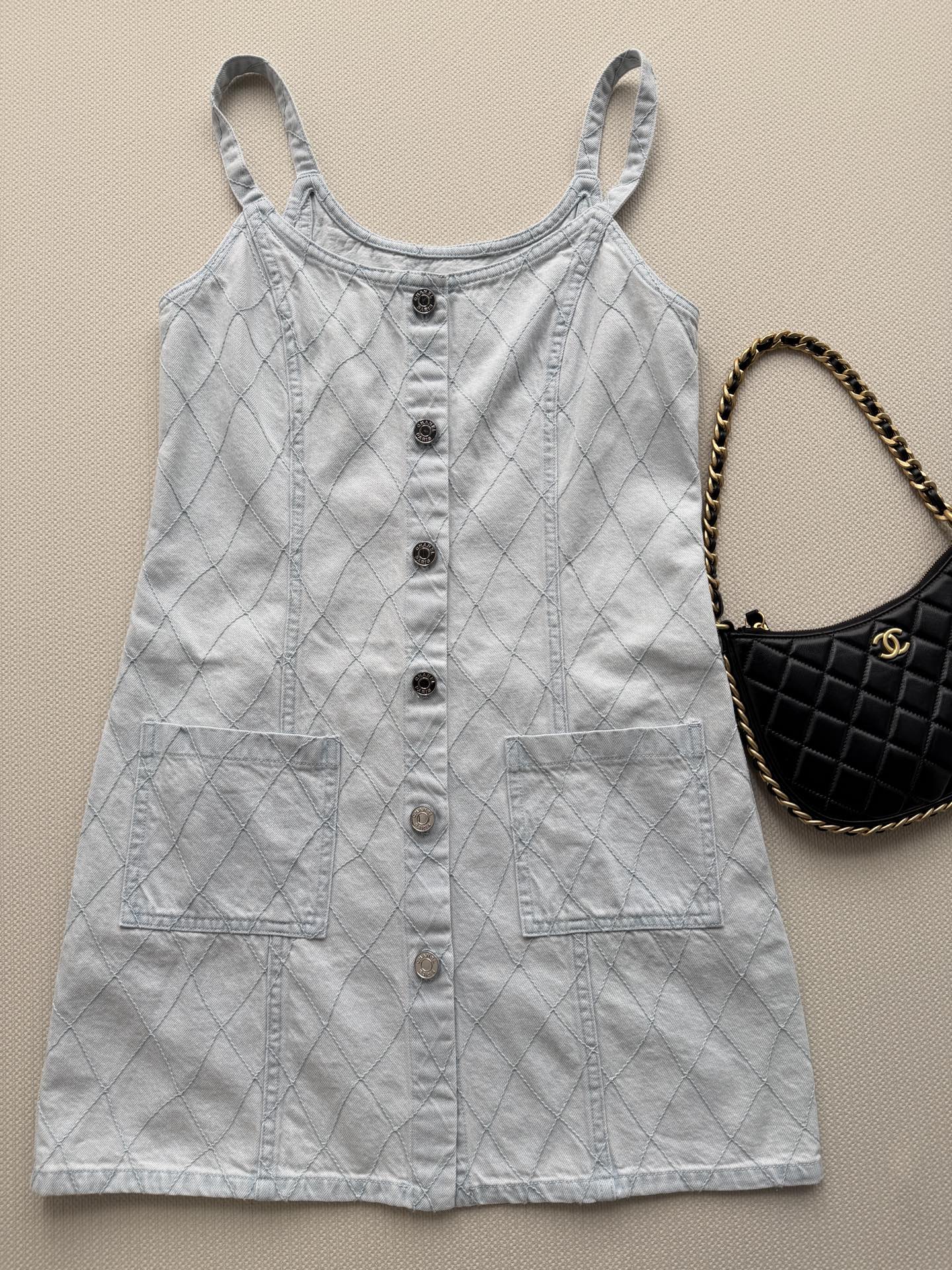 🔥Highest Quality🔥26SS NEW Beach Collection Light Blue Diamond Pattern Denim Suspender Dress