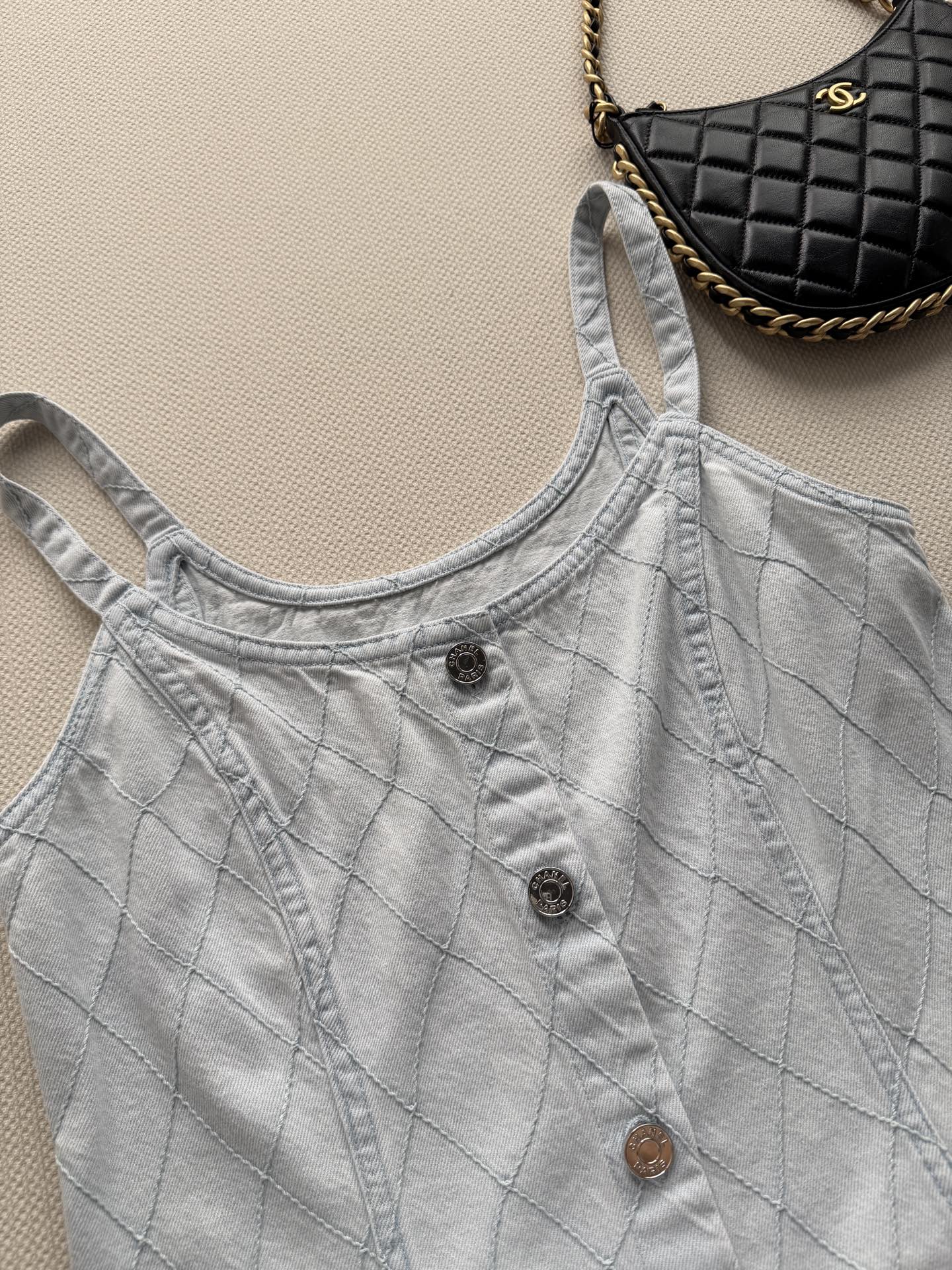 🔥Highest Quality🔥26SS NEW Beach Collection Light Blue Diamond Pattern Denim Suspender Dress