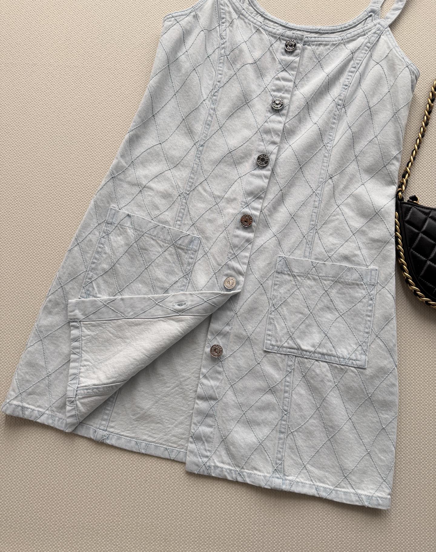 🔥Highest Quality🔥26SS NEW Beach Collection Light Blue Diamond Pattern Denim Suspender Dress