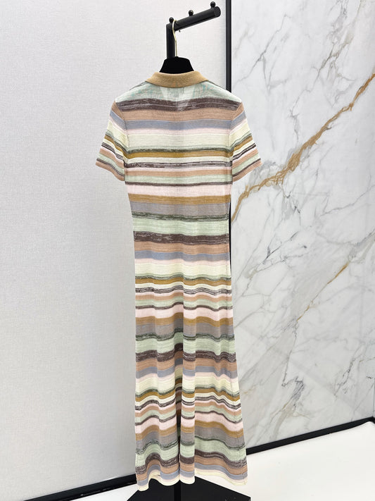 26SS NEW Color-blocked Long Striped Dress with Lapel Collar 🤎