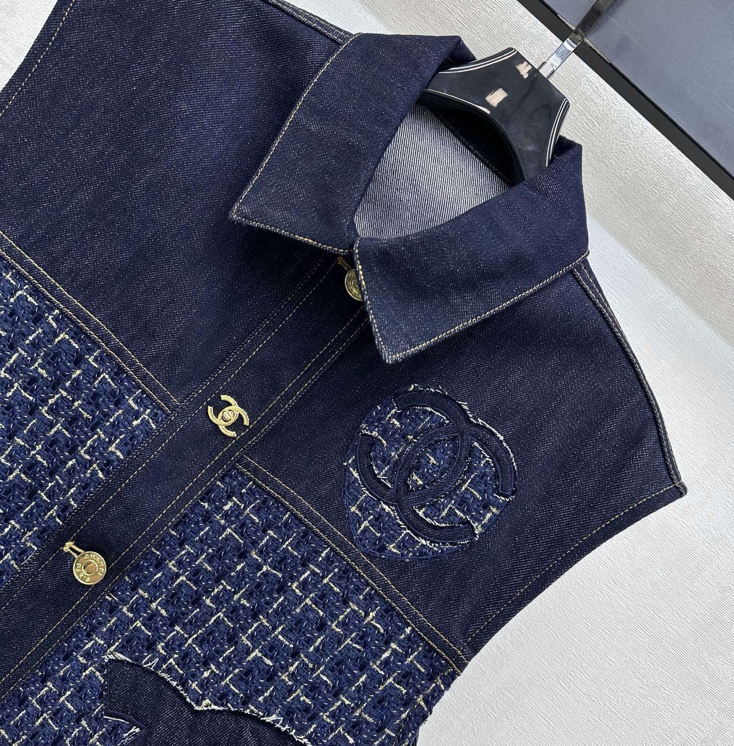 26SS NEW Tweed Patchwork Denim Vest