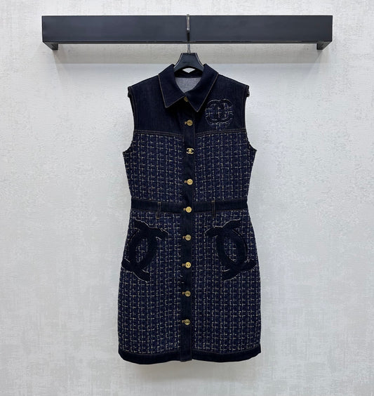26SS NEW Tweed Patchwork Denim Vest Dress