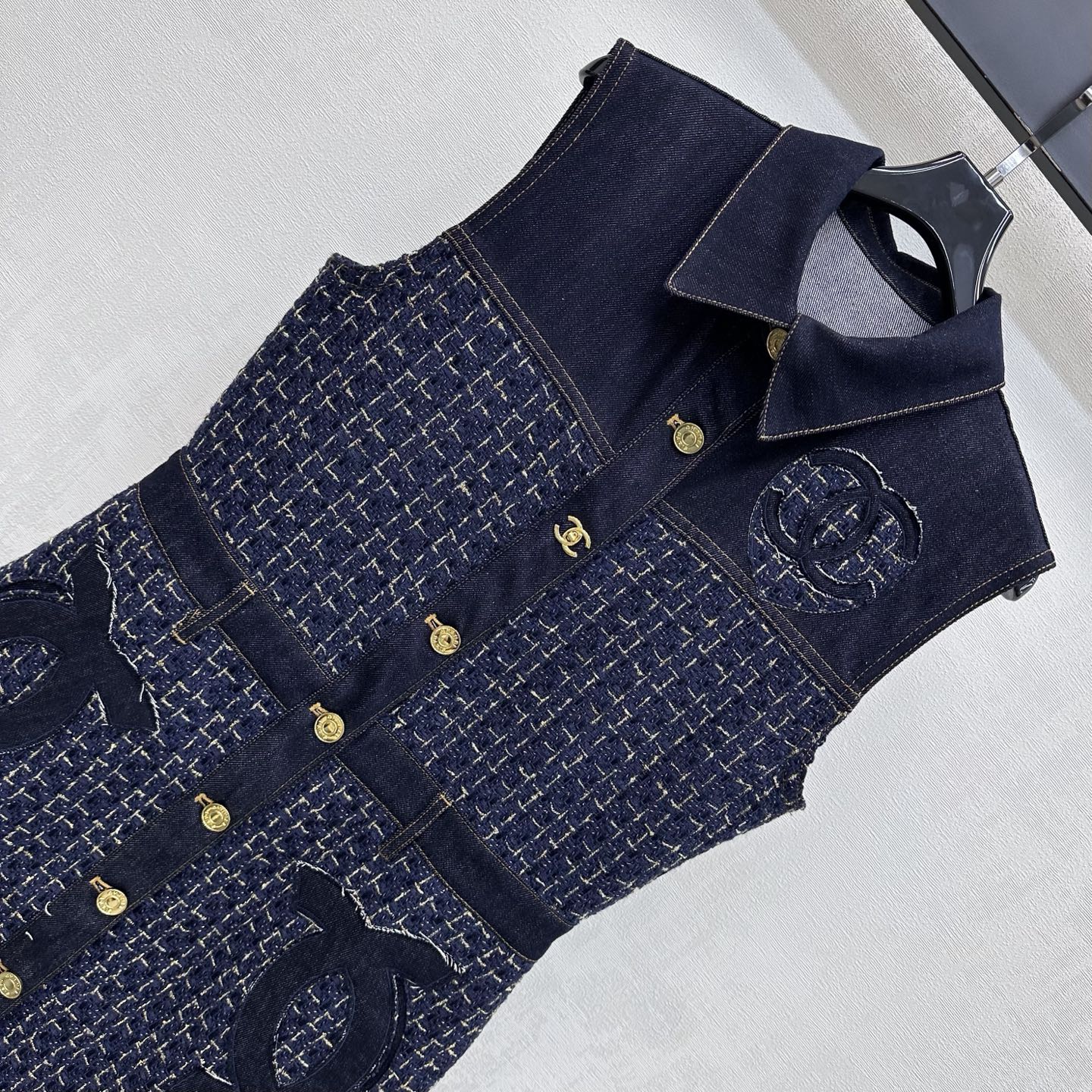 26SS NEW Tweed Patchwork Denim Vest Dress