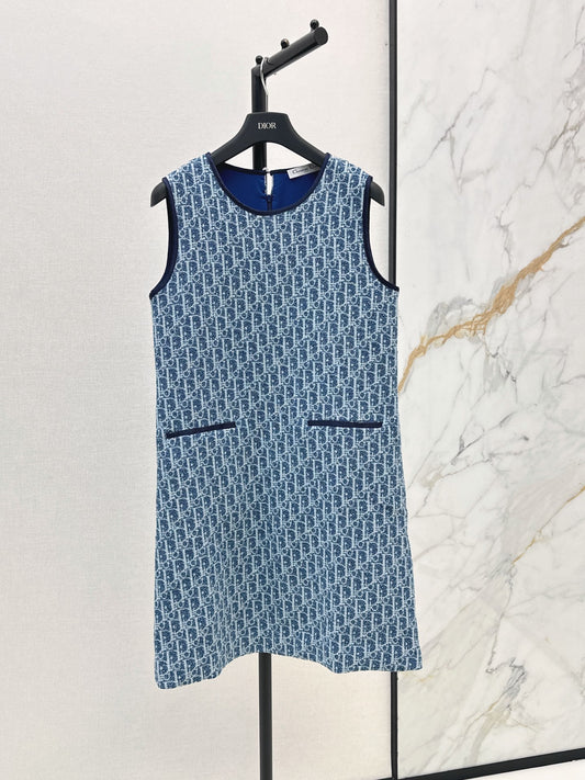 ❤️‍🔥Limited edition❤️‍🔥26FW New Blue Tweed Classic Monogram Sleeveless Dress 🩵