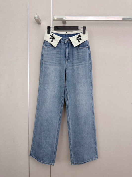 🔥HOT🔥 26FW New Embroidered Cross Fold-Over Waist Straight-Leg Jeans