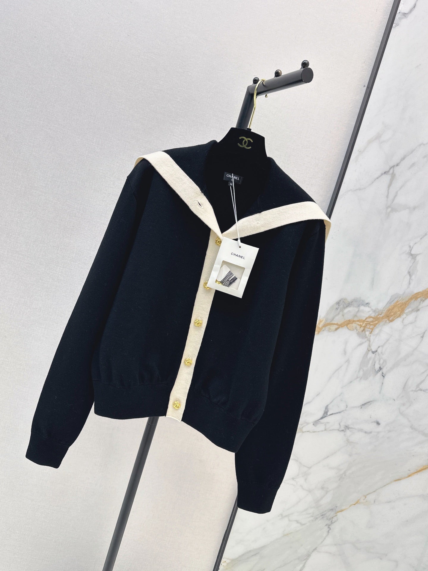 🔥Highest Quality🔥 26FW New Color-Block Nautical-Style Collared Knit Cardigan 🖤