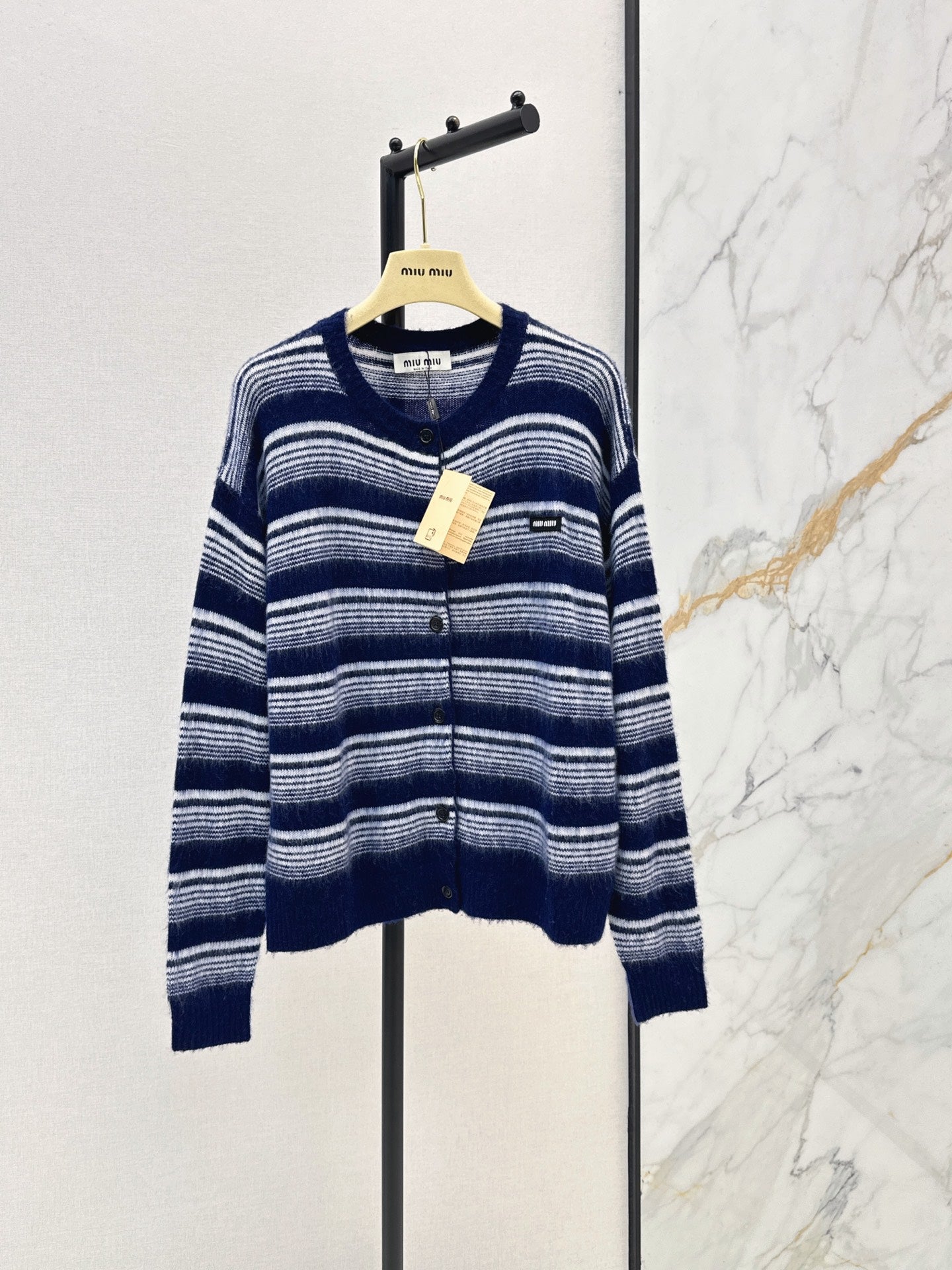 26FW New Navy & White Horizontal Stripe Crew-Neck Knit Cardigan 🖤
