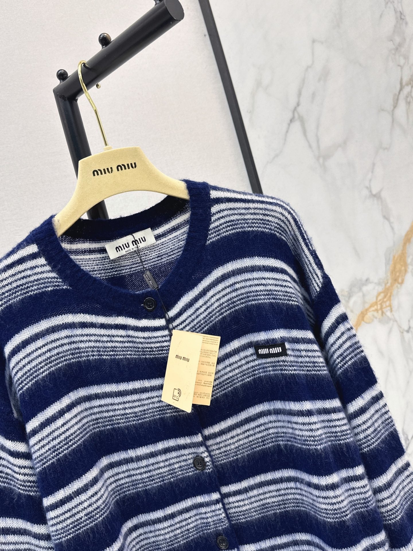 26FW New Navy & White Horizontal Stripe Crew-Neck Knit Cardigan 🖤