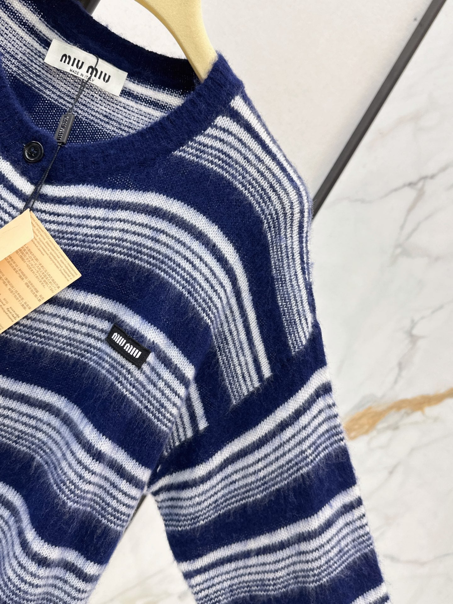 26FW New Navy & White Horizontal Stripe Crew-Neck Knit Cardigan 🖤