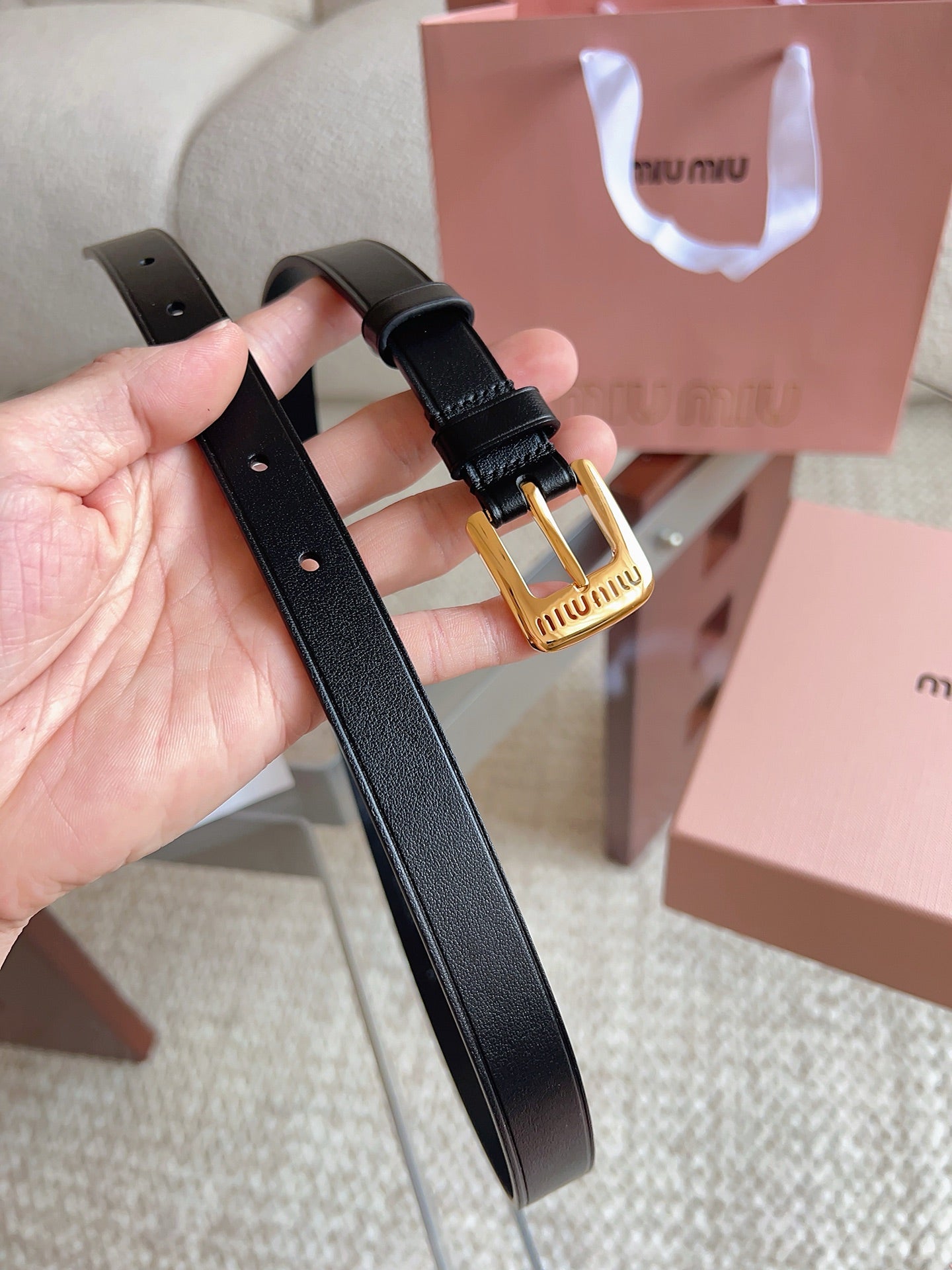 26FW New MM Black Leather Belt with Metal Buckle 20mm