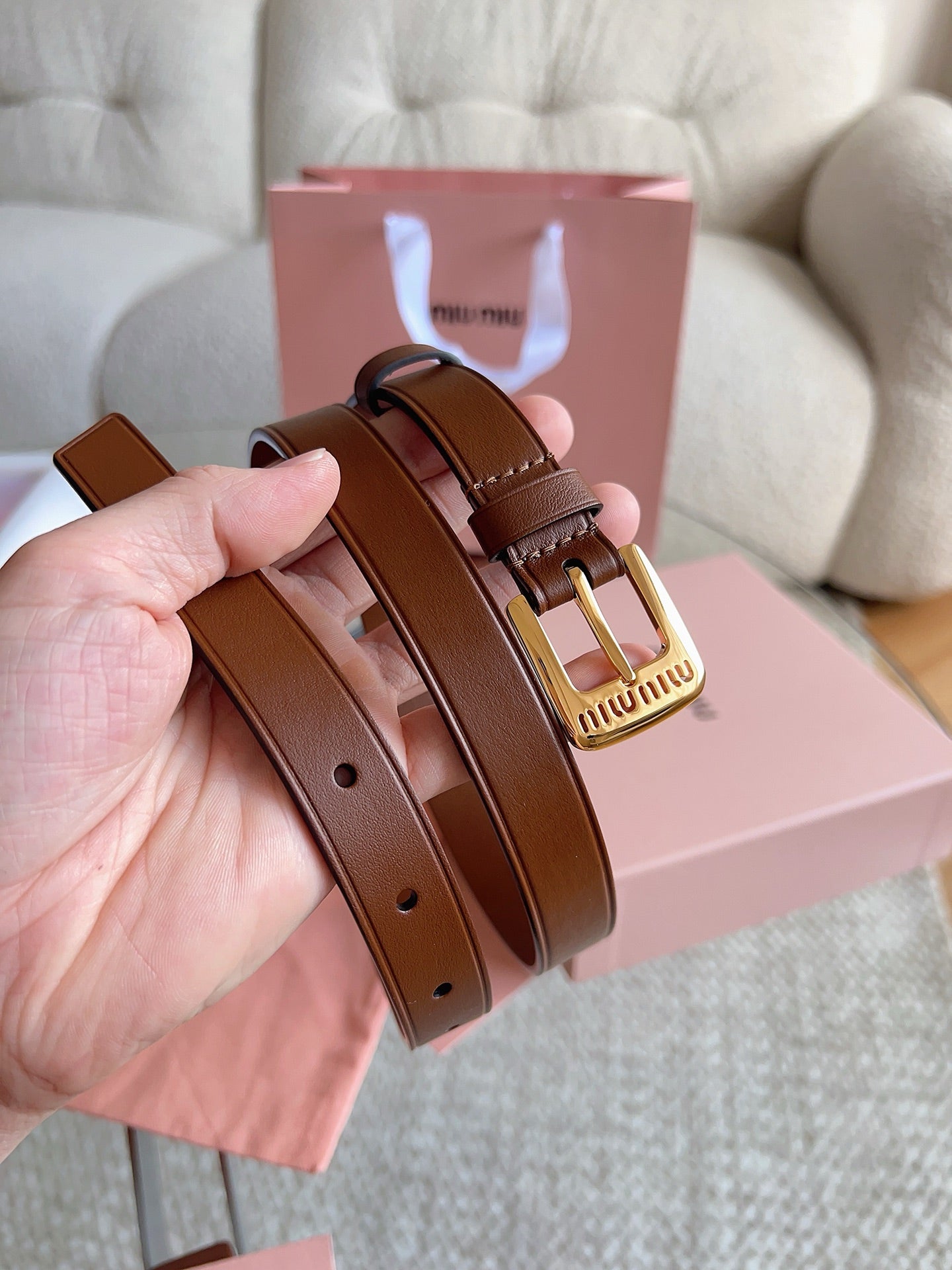 26FW New MM Brown Leather Belt with Metal Buckle 20mm