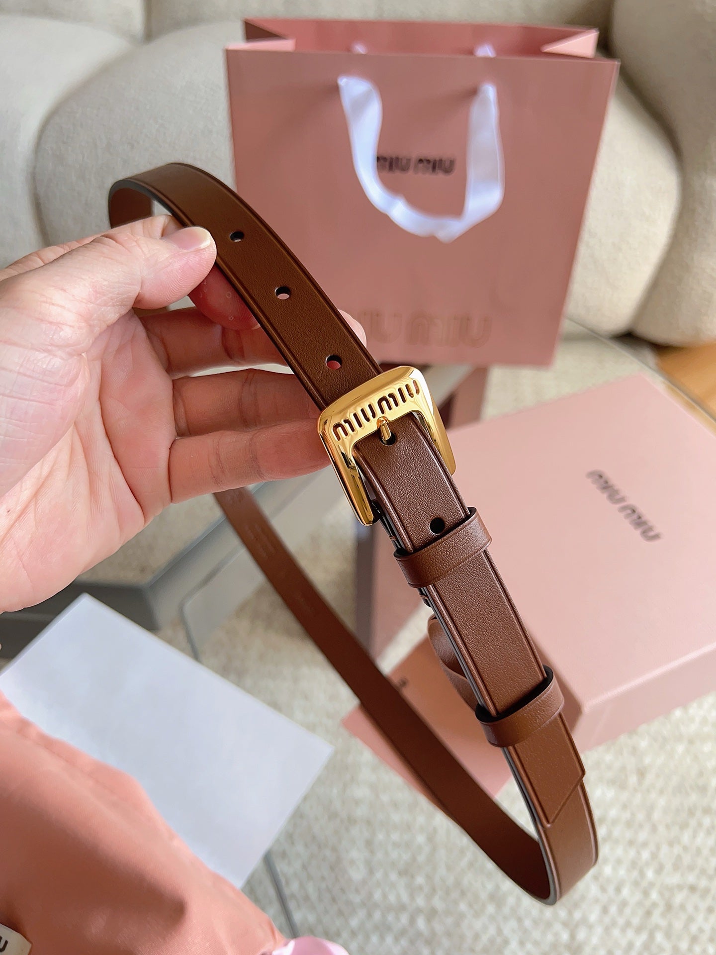 26FW New MM Brown Leather Belt with Metal Buckle 20mm