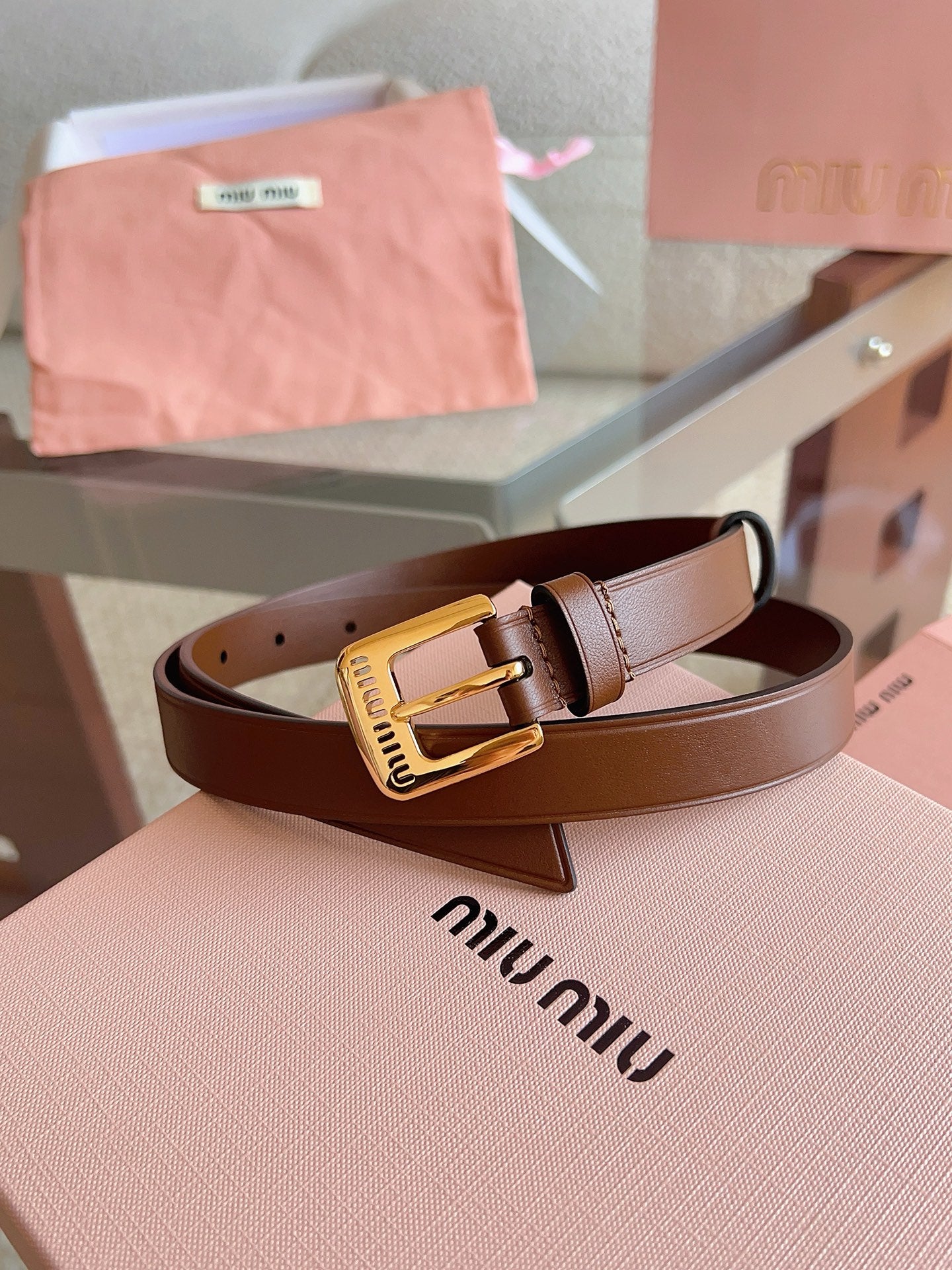 26FW New MM Brown Leather Belt with Metal Buckle 20mm