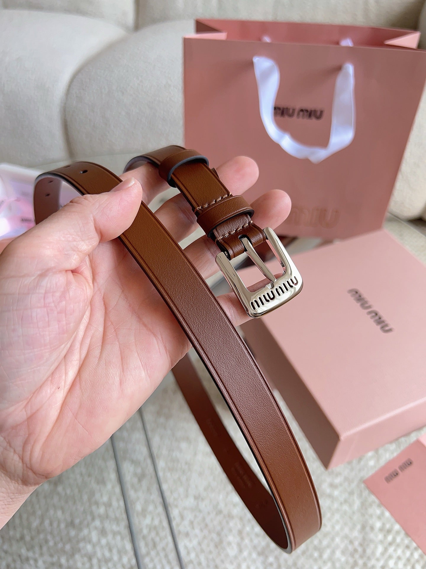 26FW New MM Brown Leather Belt with Metal Buckle 20mm