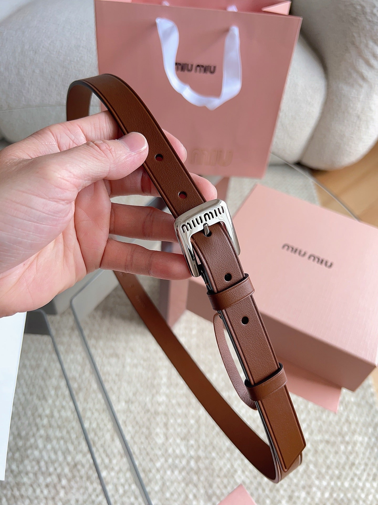 26FW New MM Brown Leather Belt with Metal Buckle 20mm