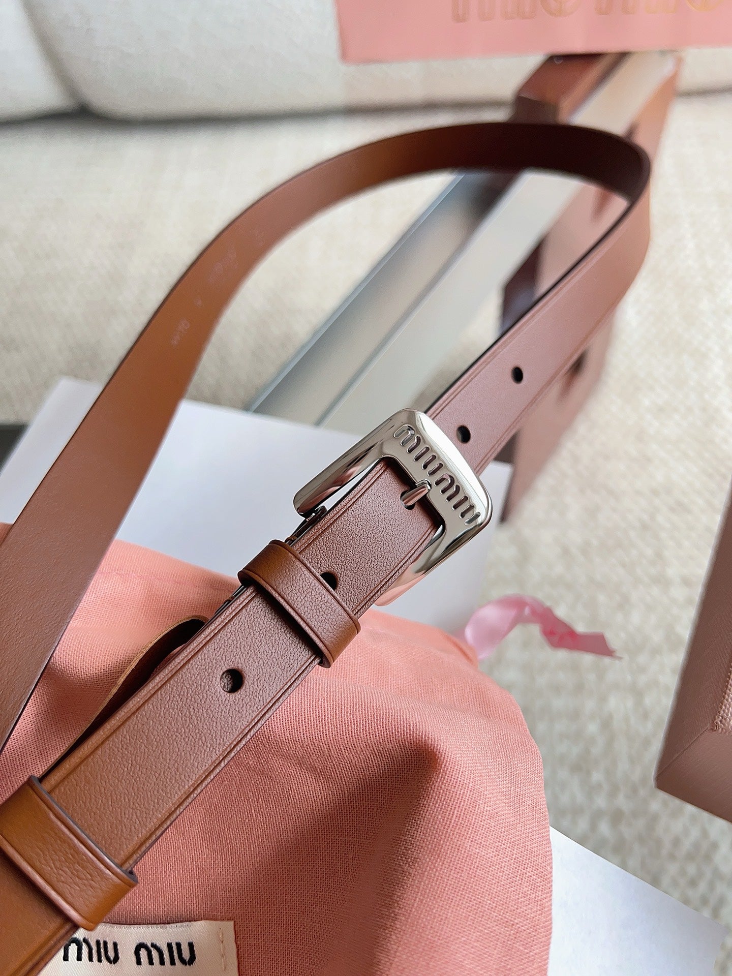 26FW New MM Brown Leather Belt with Metal Buckle 20mm