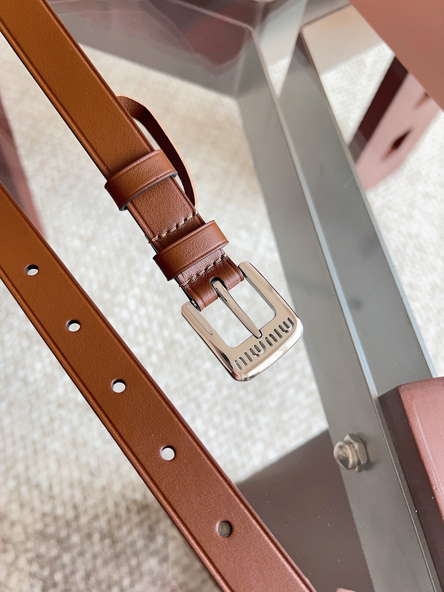 26FW New MM Brown Leather Belt with Metal Buckle 20mm