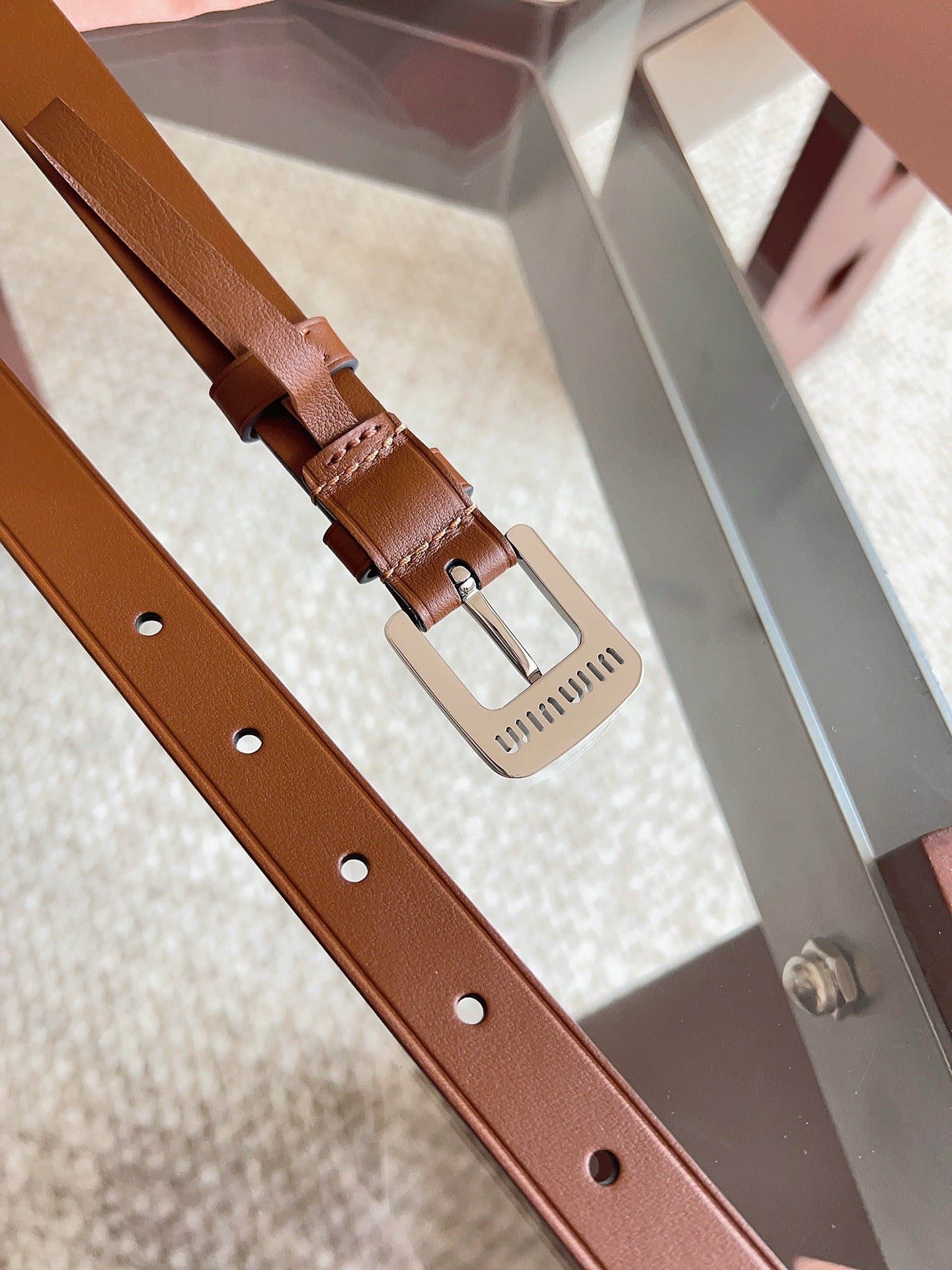 26FW New MM Brown Leather Belt with Metal Buckle 20mm