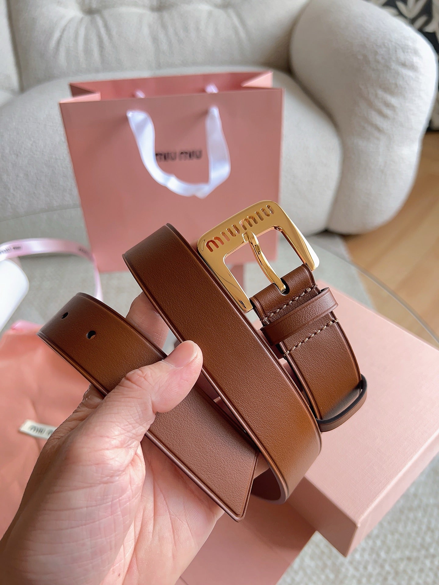 26FW New MM Brown Leather Belt with Metal Buckle 30mm