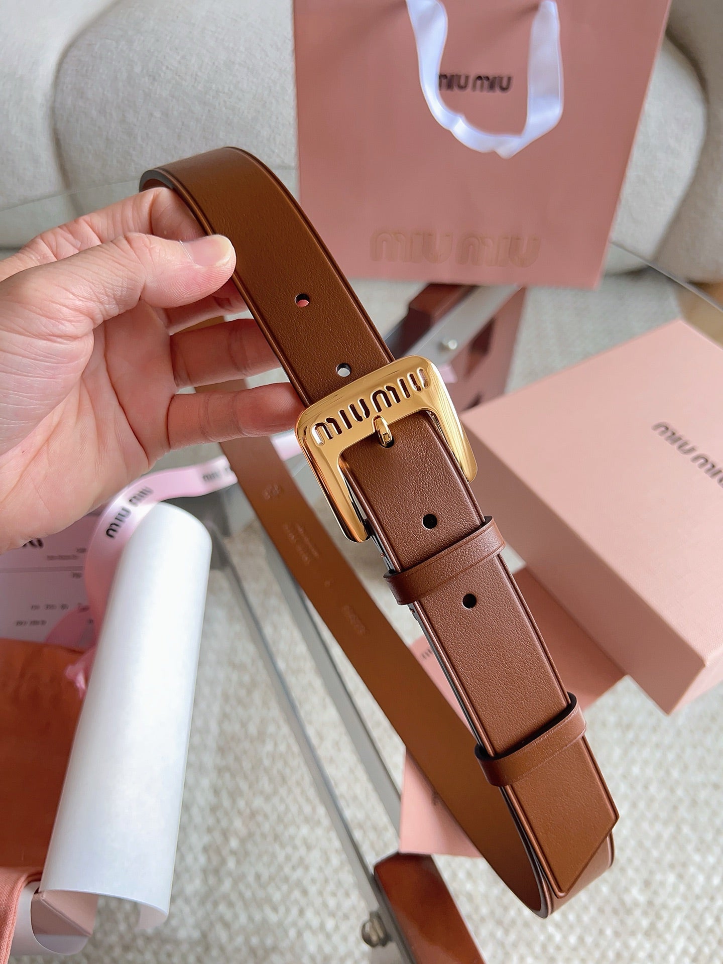 26FW New MM Brown Leather Belt with Metal Buckle 30mm