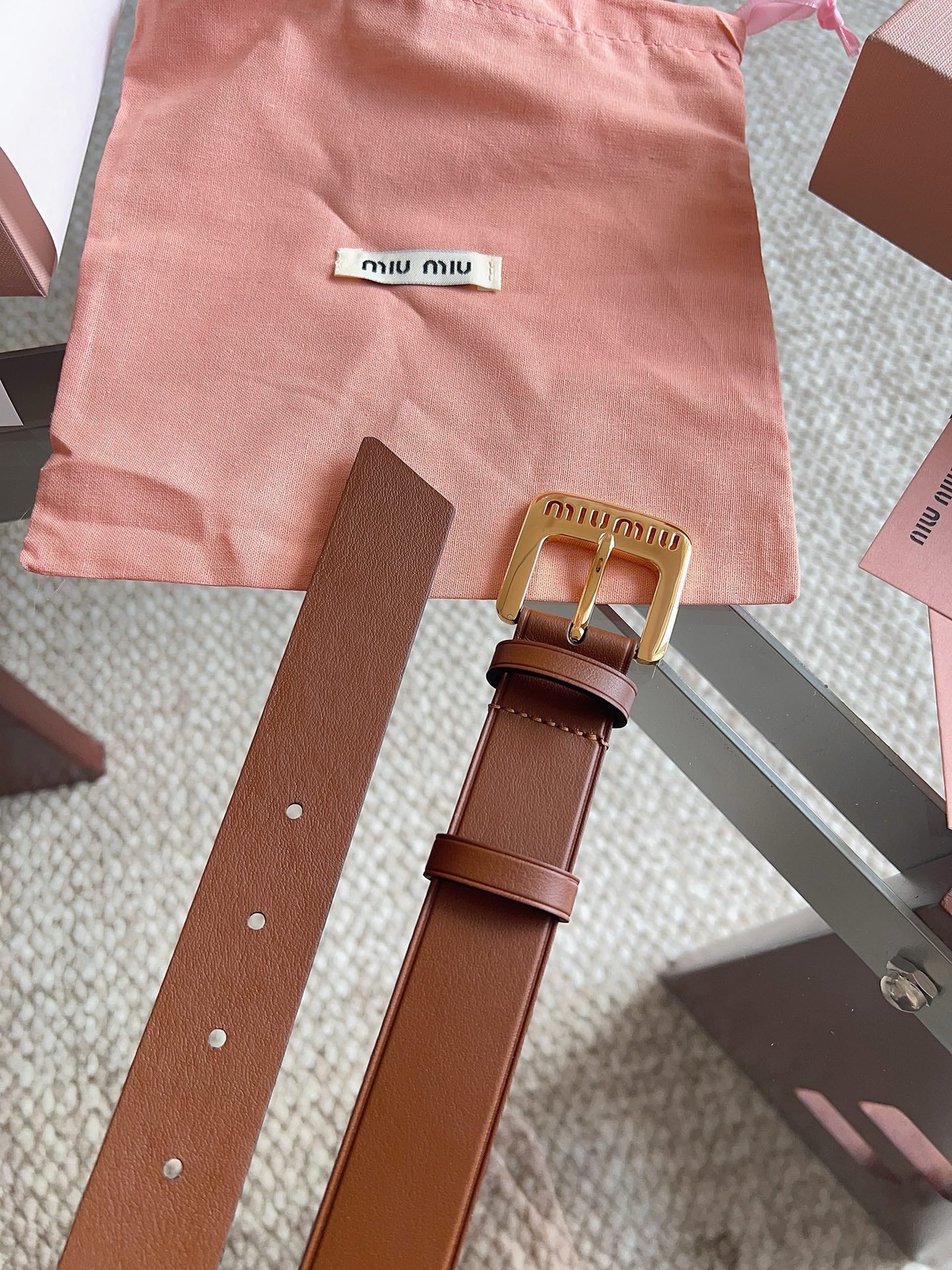 26FW New MM Brown Leather Belt with Metal Buckle 30mm