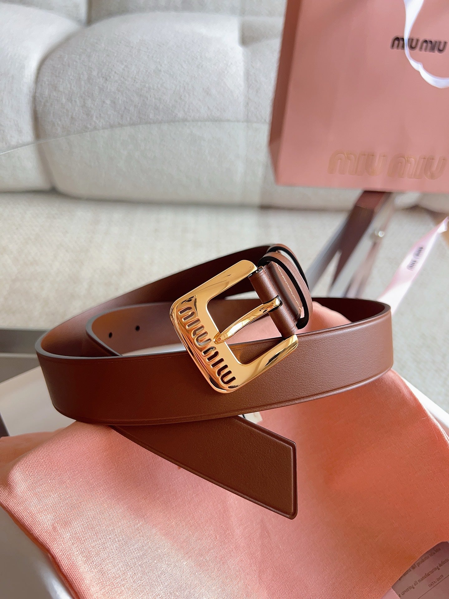 26FW New MM Brown Leather Belt with Metal Buckle 30mm