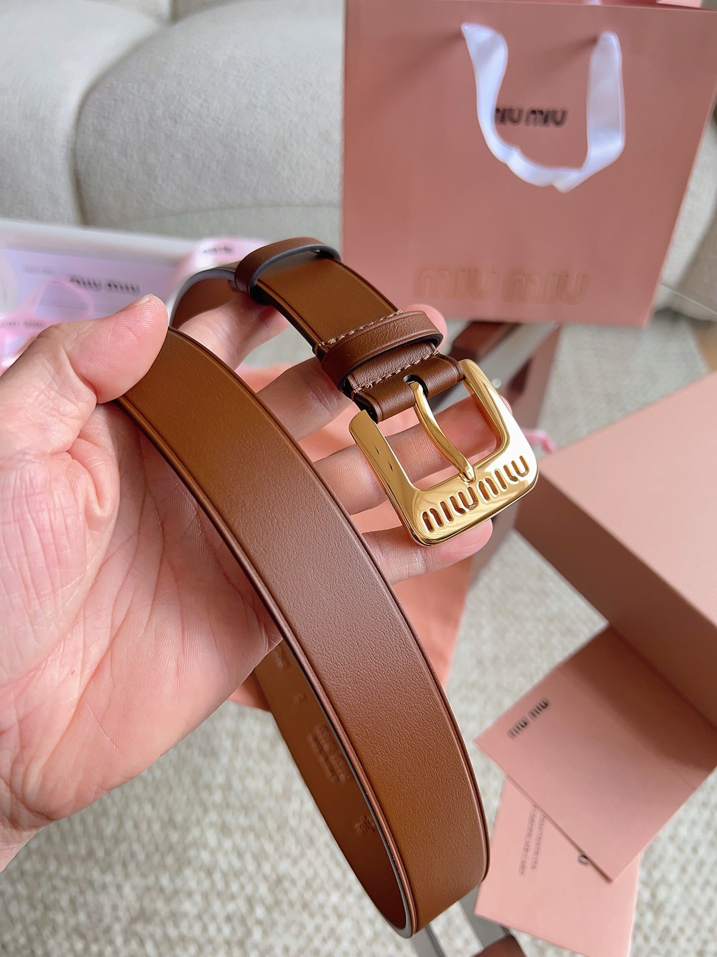 26FW New MM Brown Leather Belt with Metal Buckle 30mm