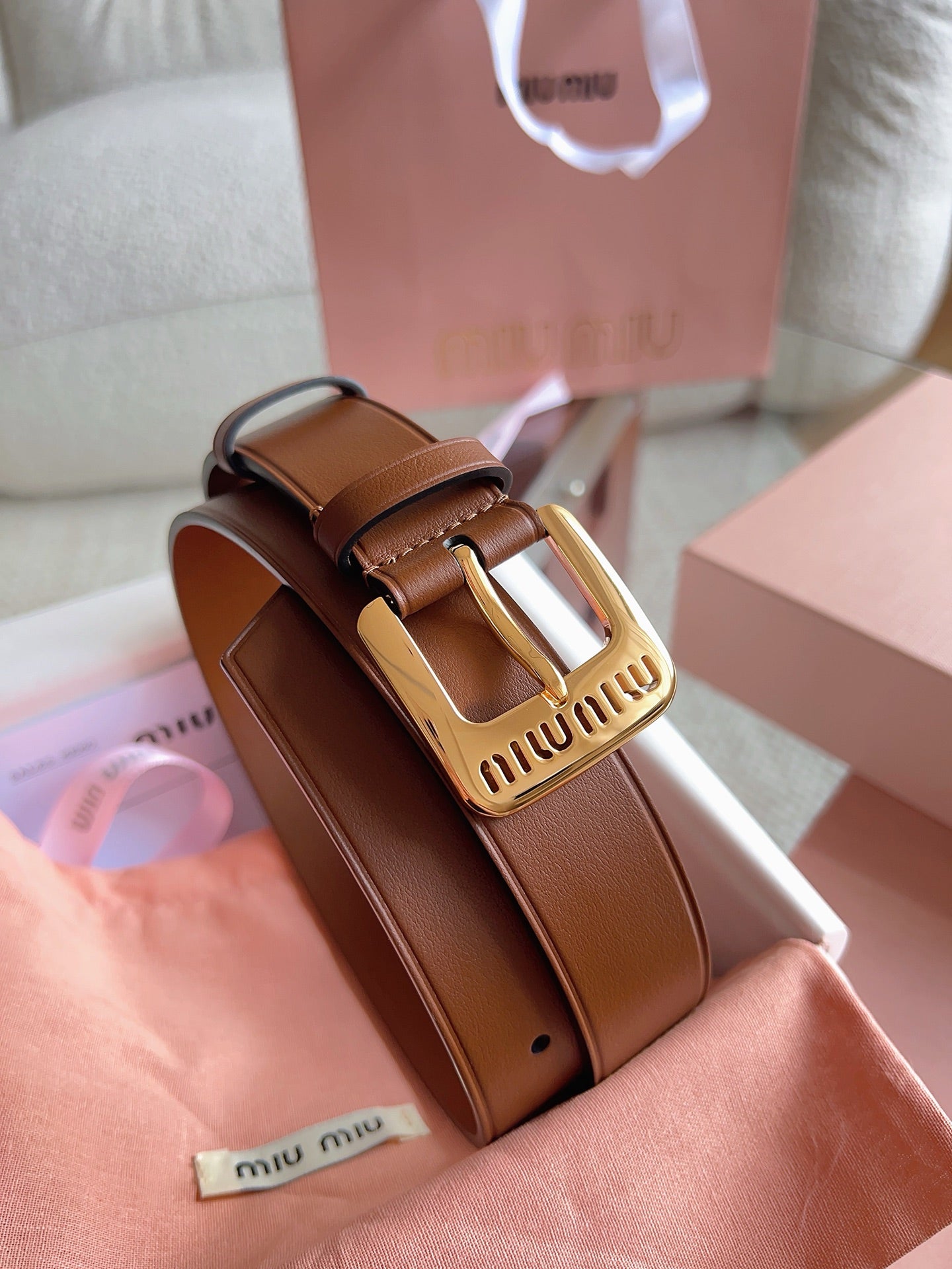 26FW New MM Brown Leather Belt with Metal Buckle 30mm